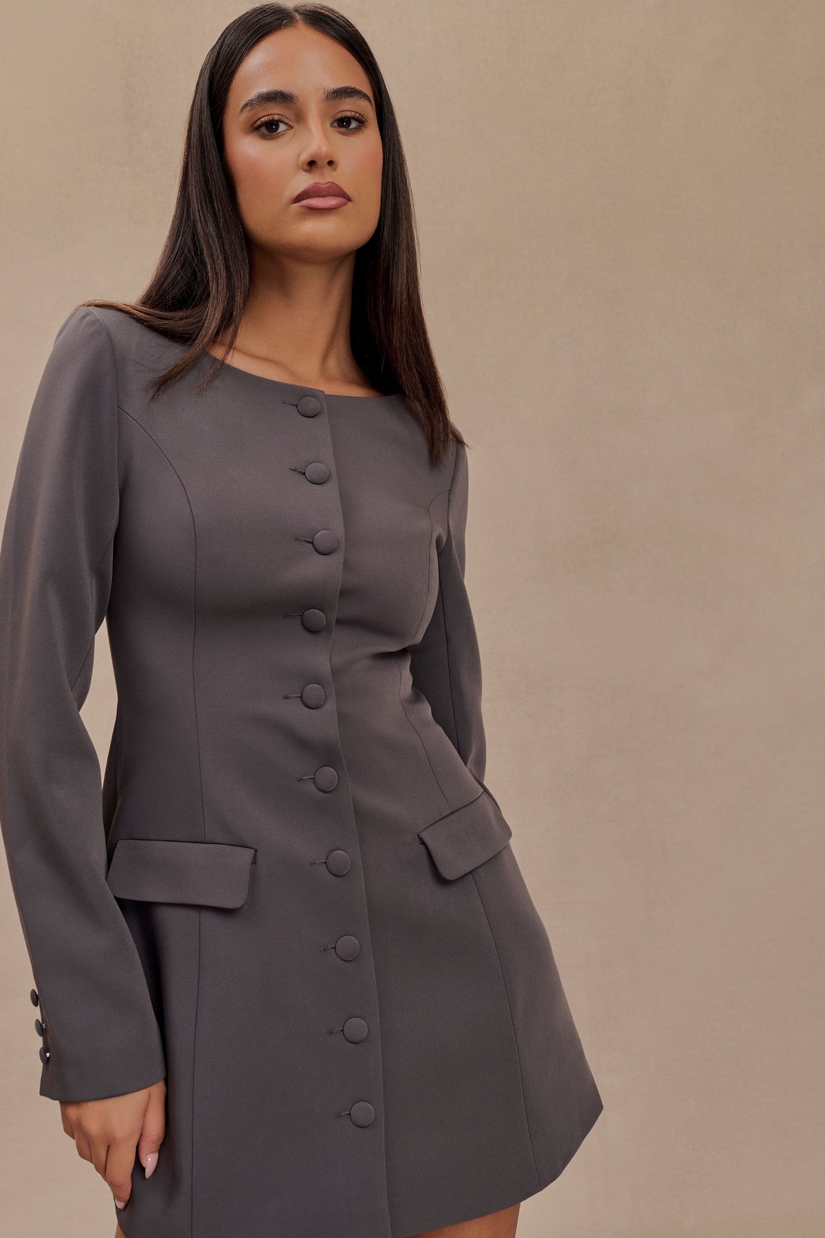 Jolie Boat Neck Suiting Mini Dress - Charcoal Grey #6