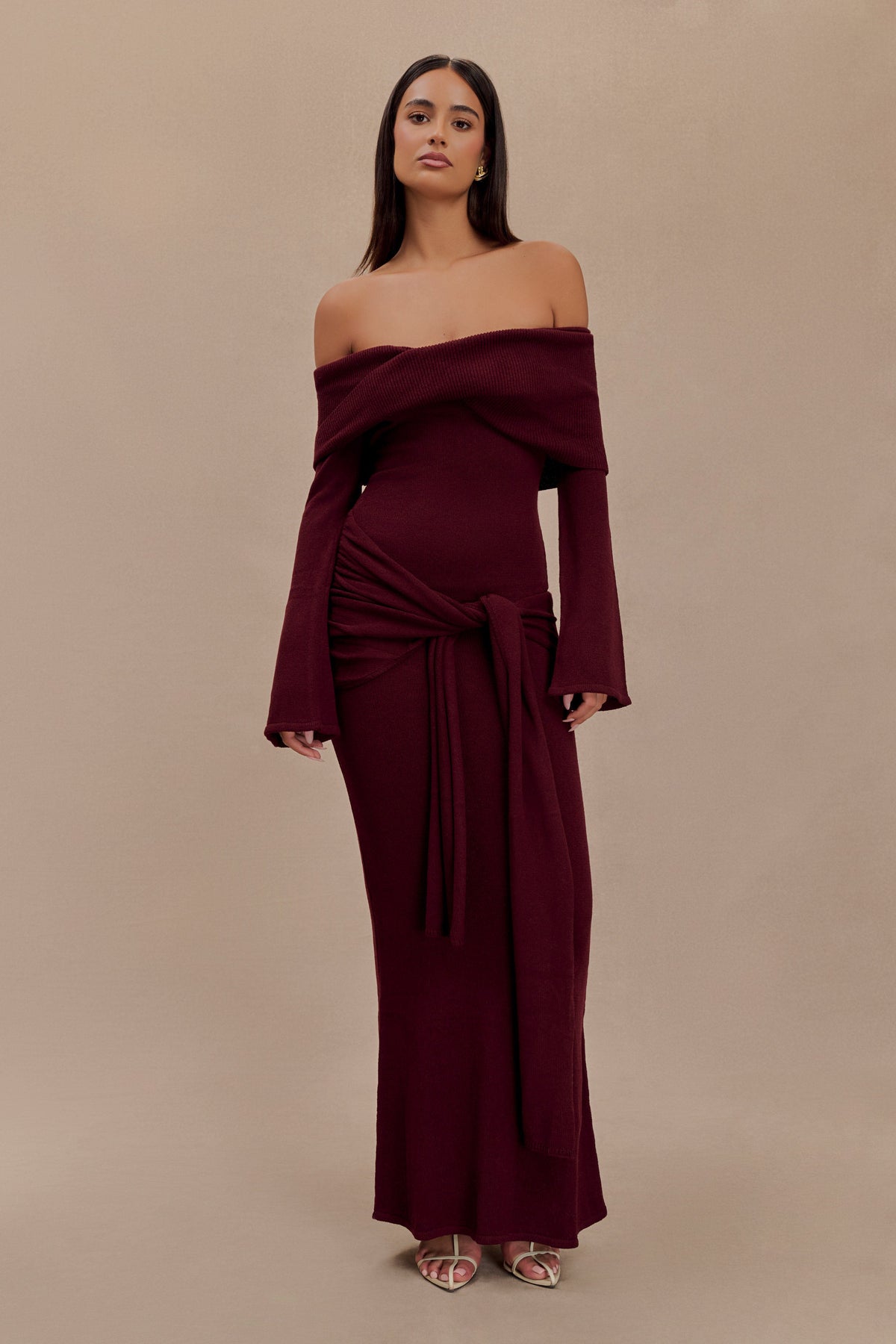 Cameron Off Shoulder Tie Maxi Dress - Merlot #3