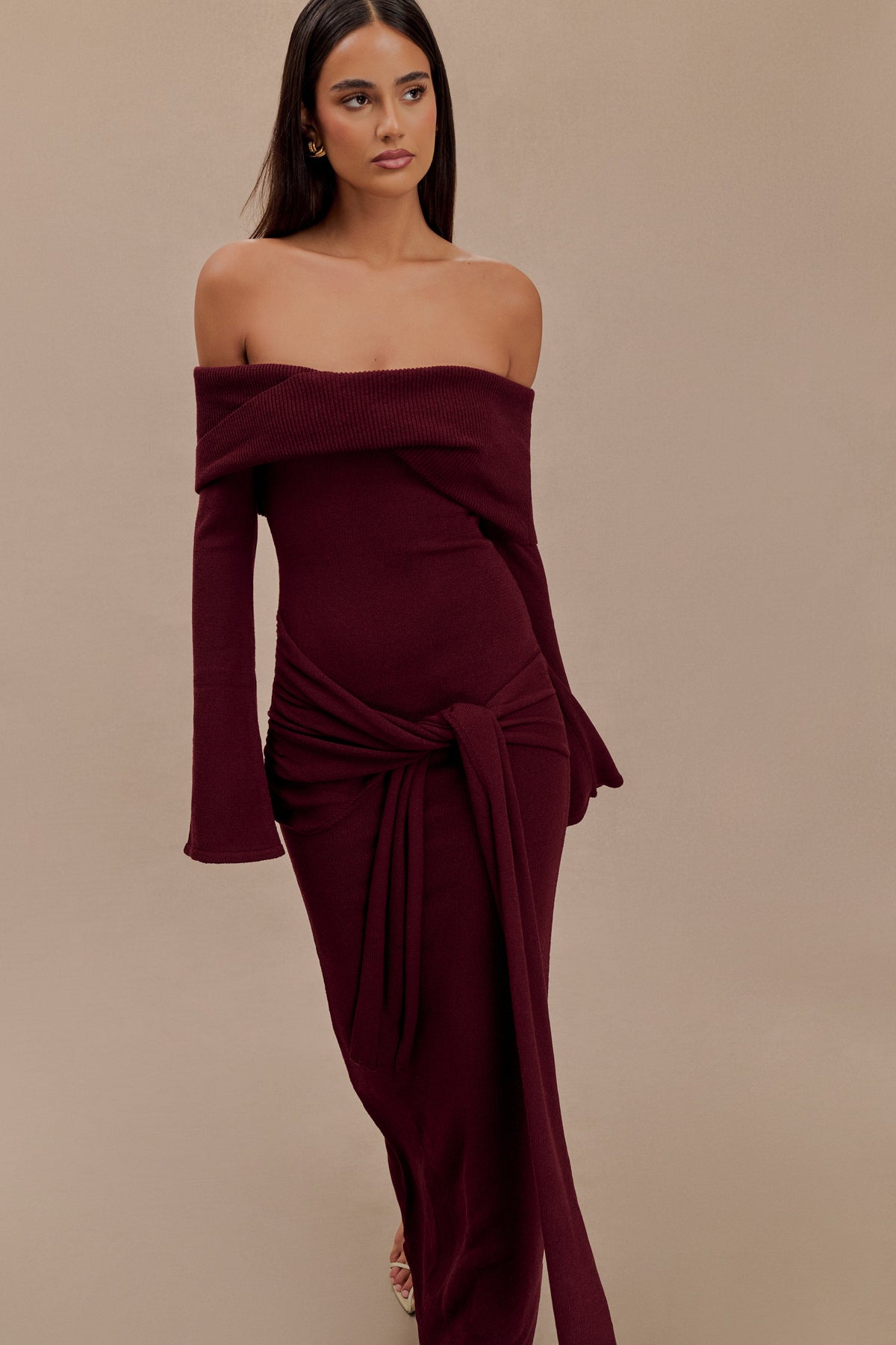 Cameron Off Shoulder Tie Maxi Dress - Merlot #4