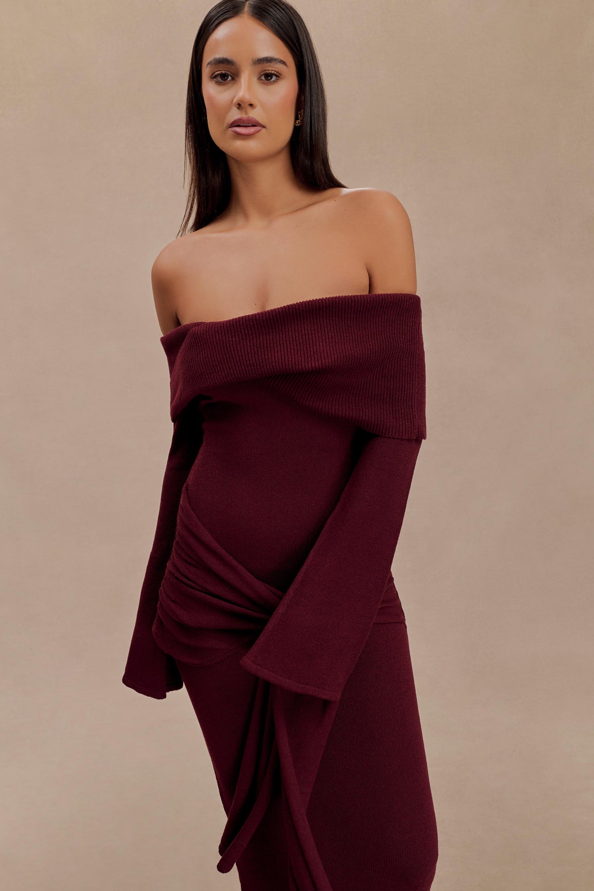 Cameron Off Shoulder Tie Maxi Dress - Merlot #5