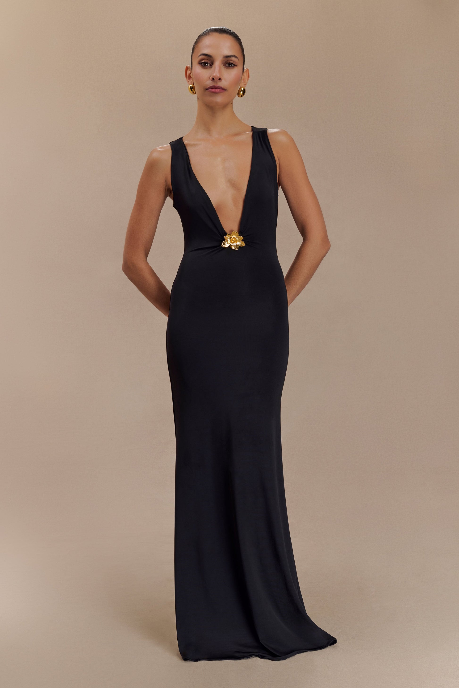 Beck Plunge Maxi Dress With Floral Hardware - Black #2