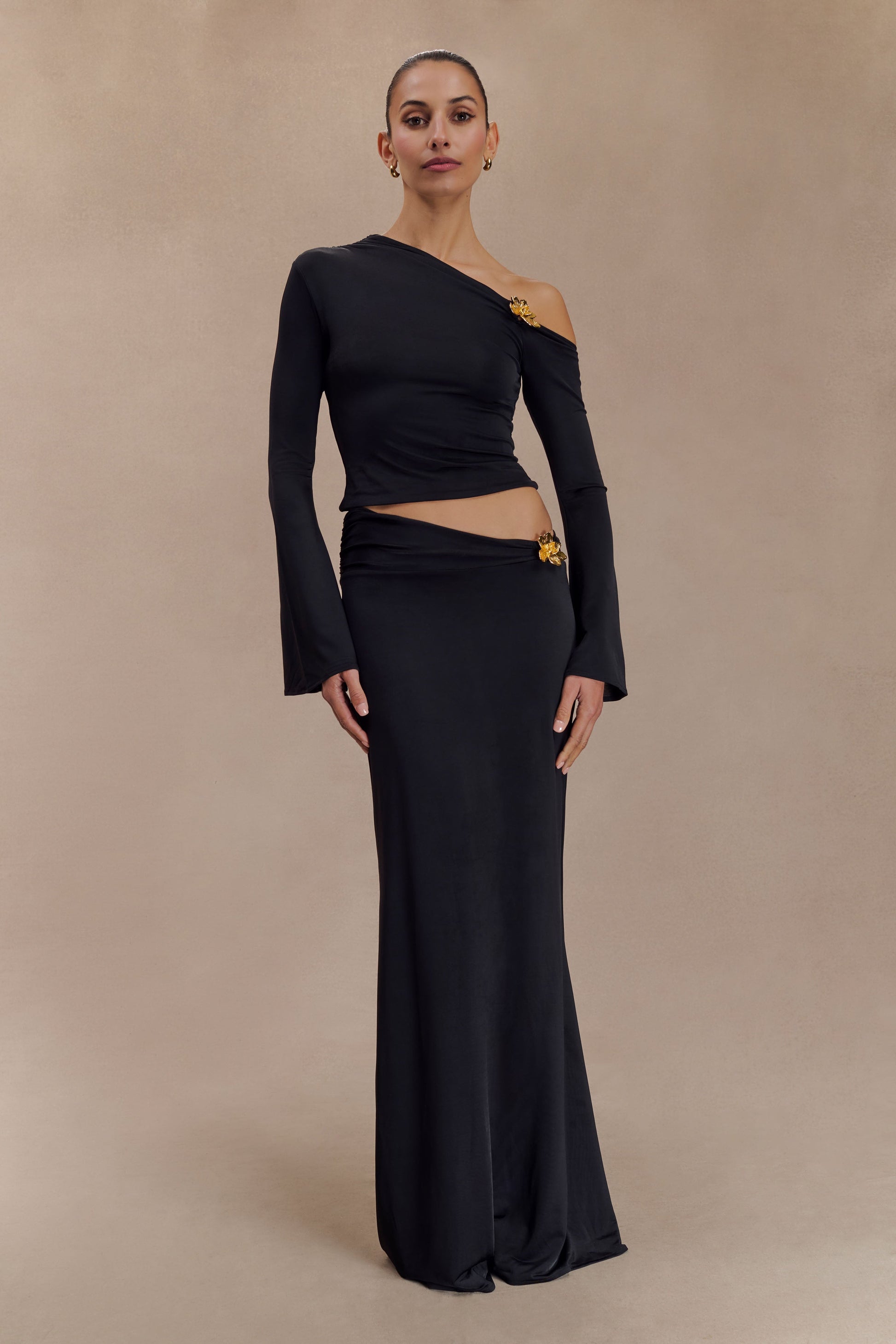 Ainsley Asymmetrical Maxi Skirt With Floral Hardware - Black #6
