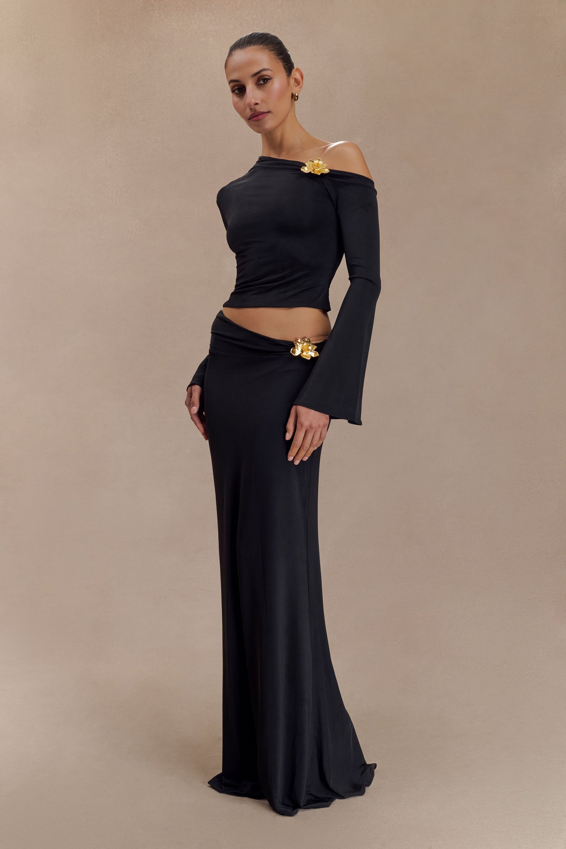 Ainsley Asymmetrical Maxi Skirt With Floral Hardware - Black #7