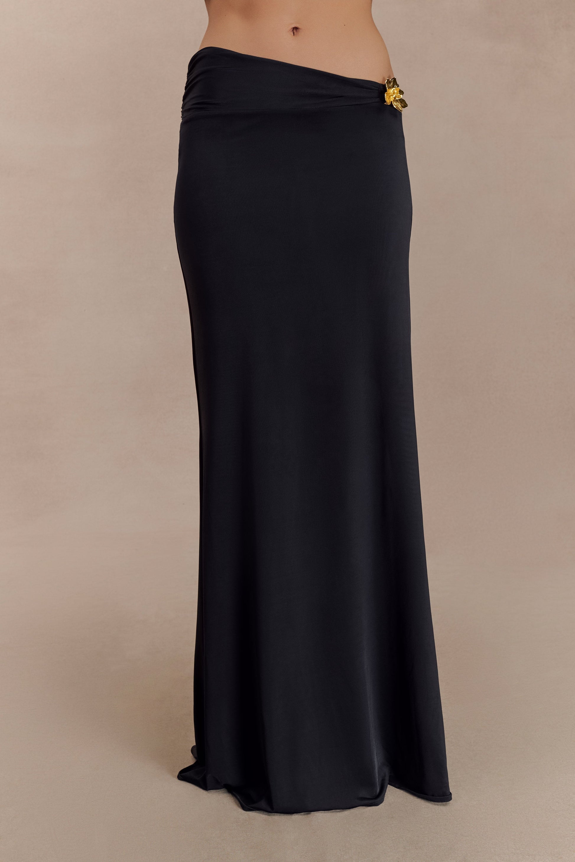 Ainsley Asymmetrical Maxi Skirt With Floral Hardware - Black #3
