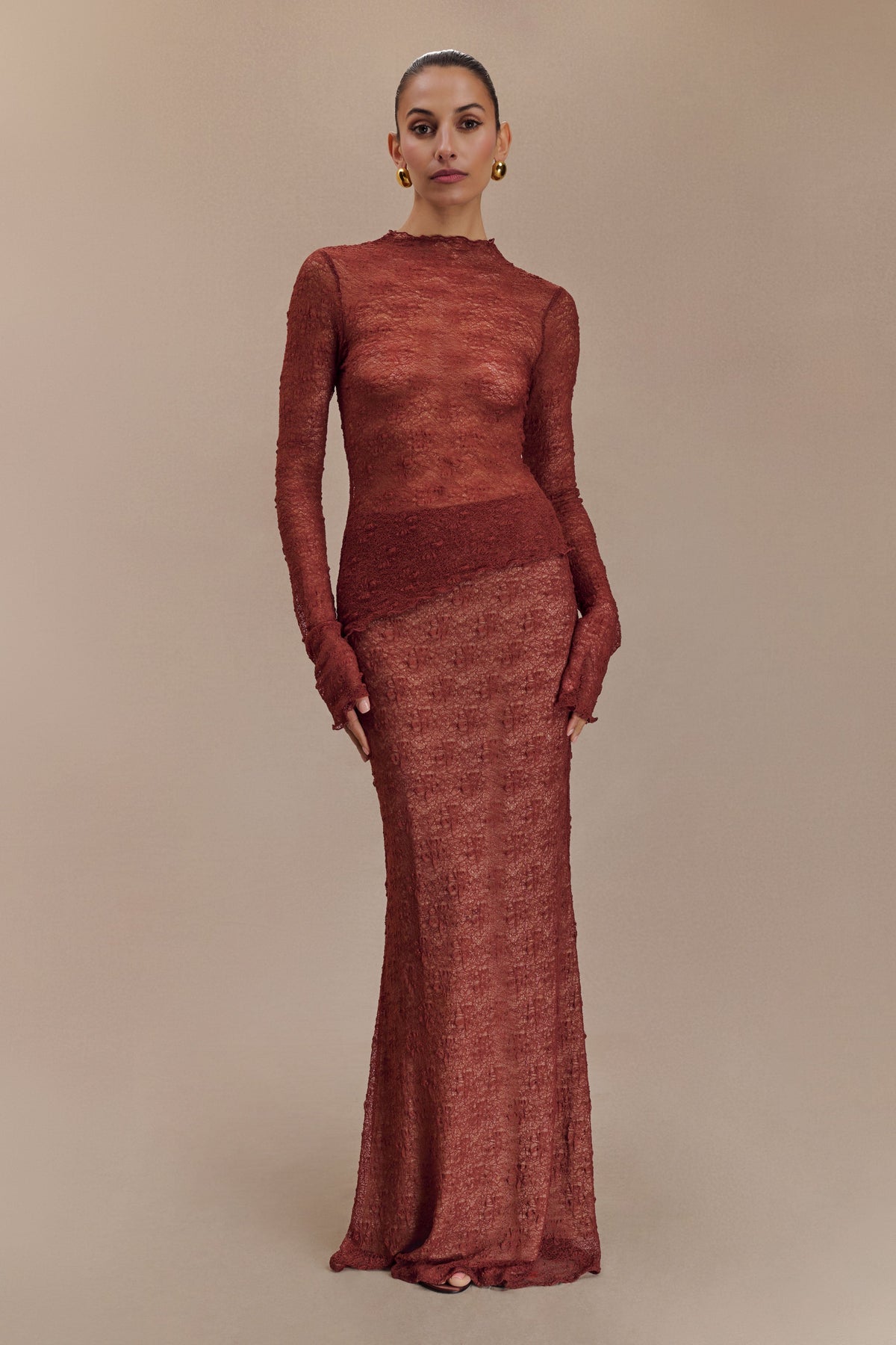 Riley Sheer Lace Long Sleeve Top - Chilli #4