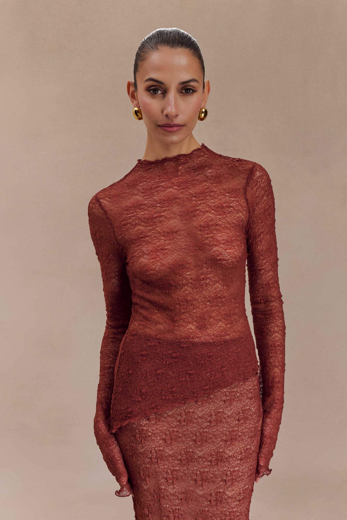 Riley Sheer Lace Long Sleeve Top - Chilli #2