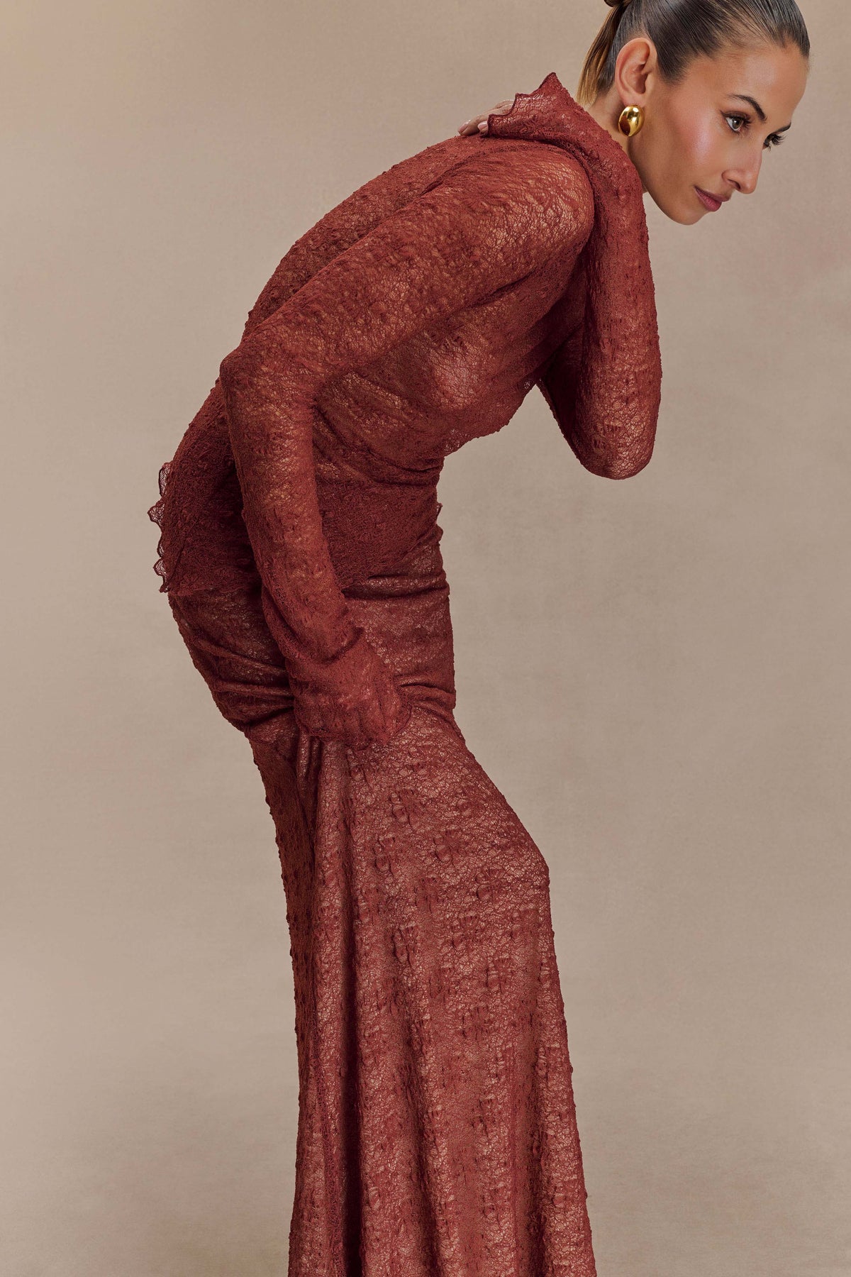 Riley Sheer Lace Long Sleeve Top - Chilli #7