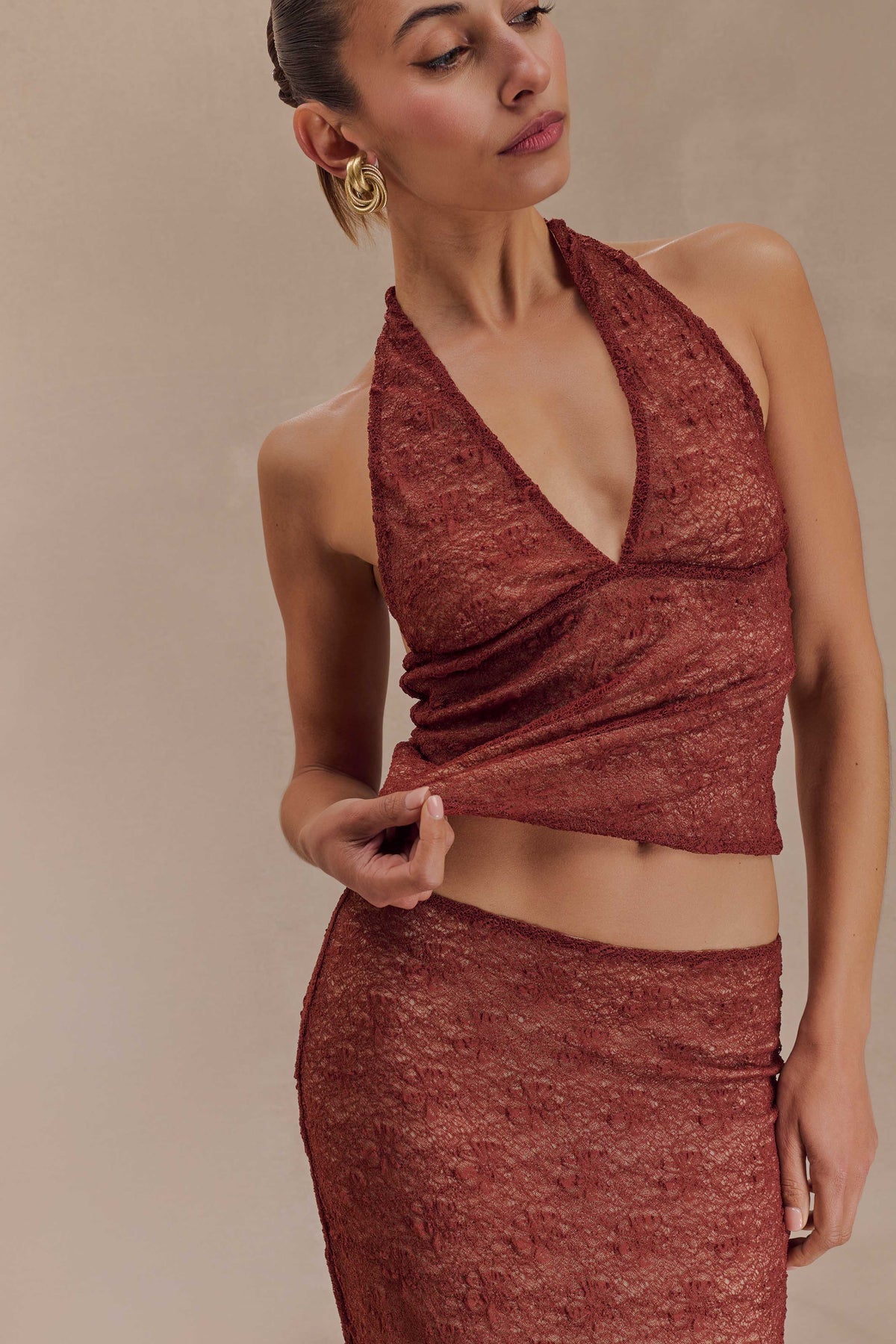 Asher Sheer Lace Halter Top - Chilli #9