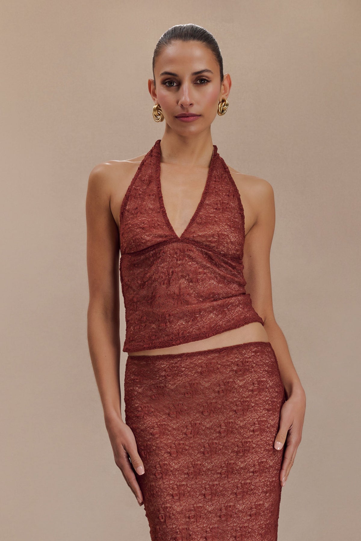 Asher Sheer Lace Halter Top - Chilli #2