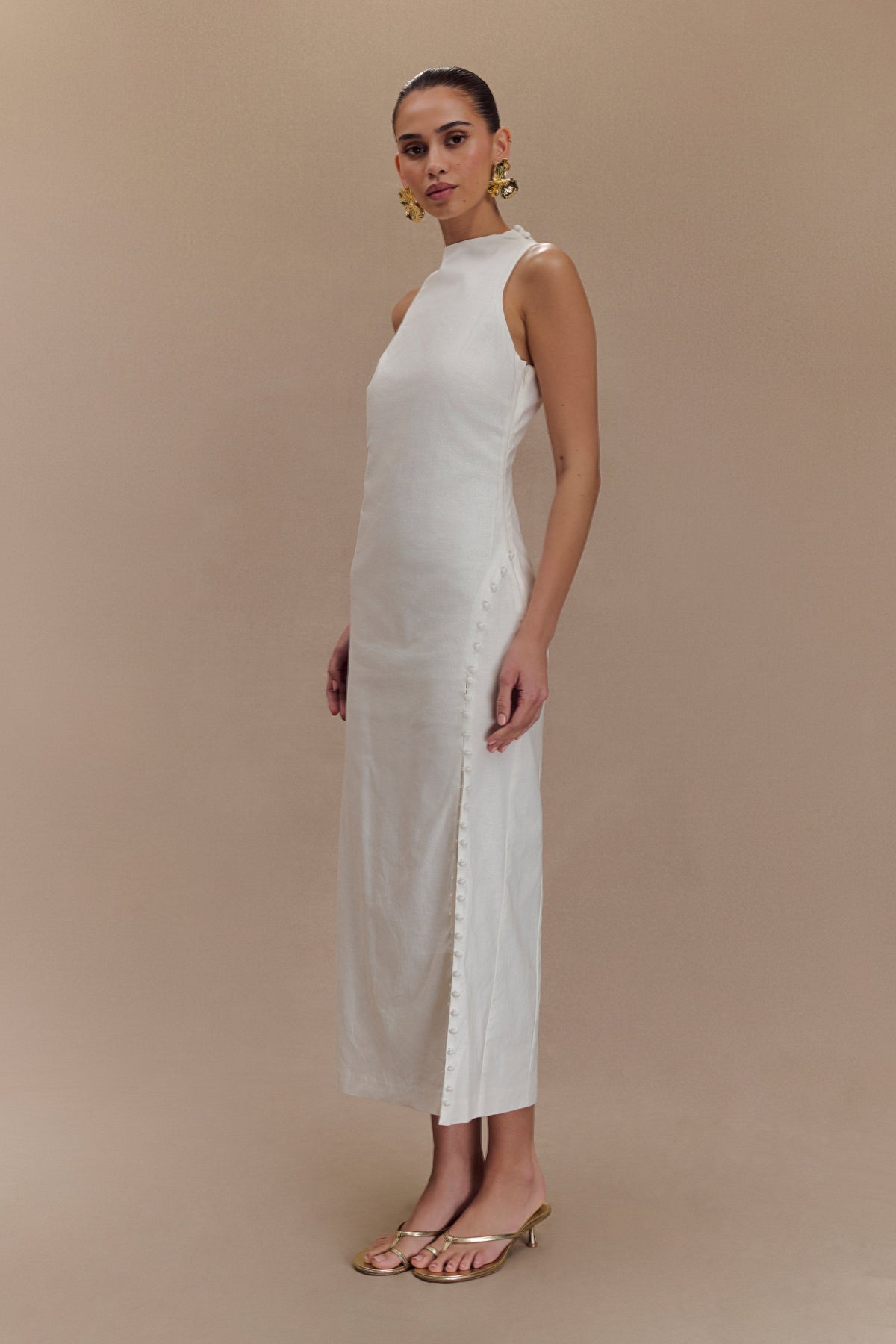 Bronte Linen Button Midi Dress - White #3
