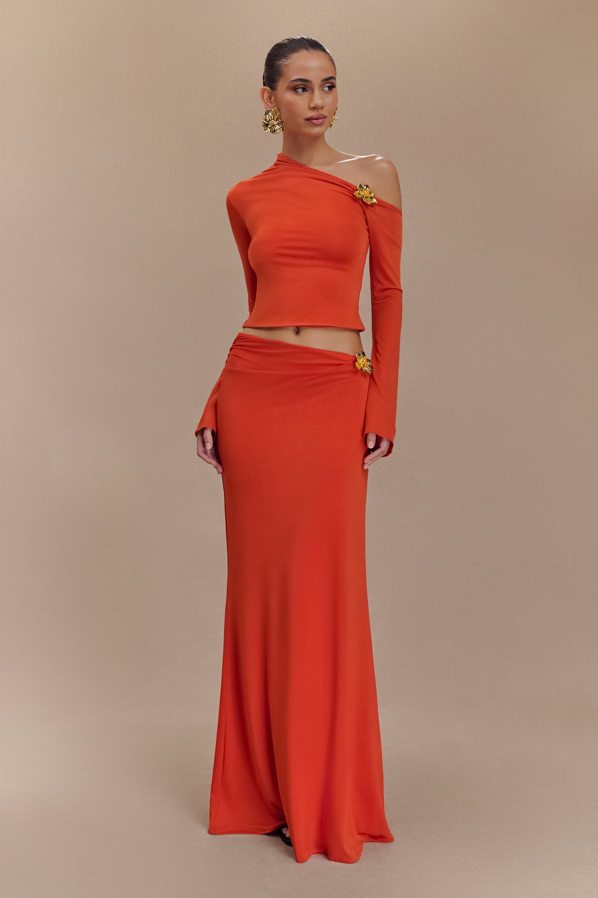 Ainsley Asymmetrical Long Sleeve Top With Floral Hardware - Burnt Orange #3