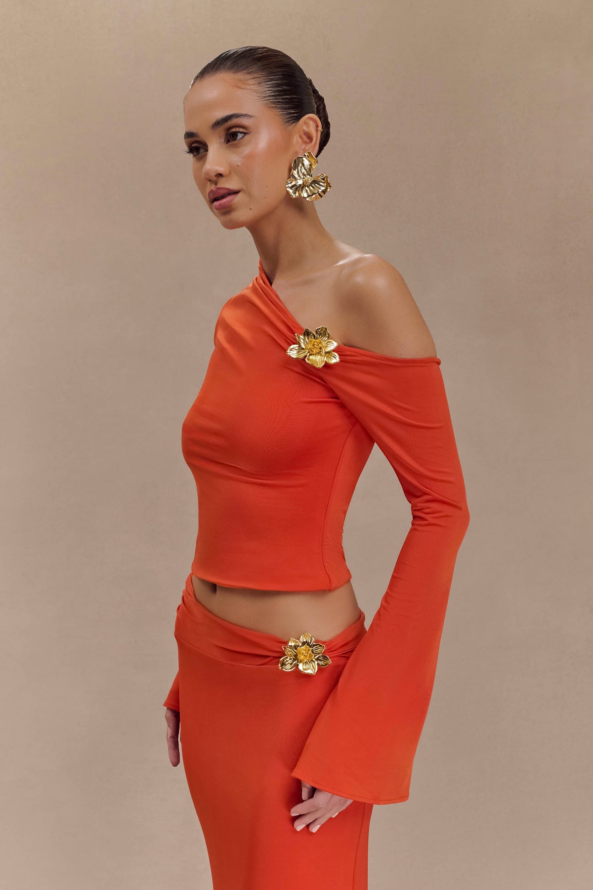 Ainsley Asymmetrical Long Sleeve Top With Floral Hardware - Burnt Orange #4