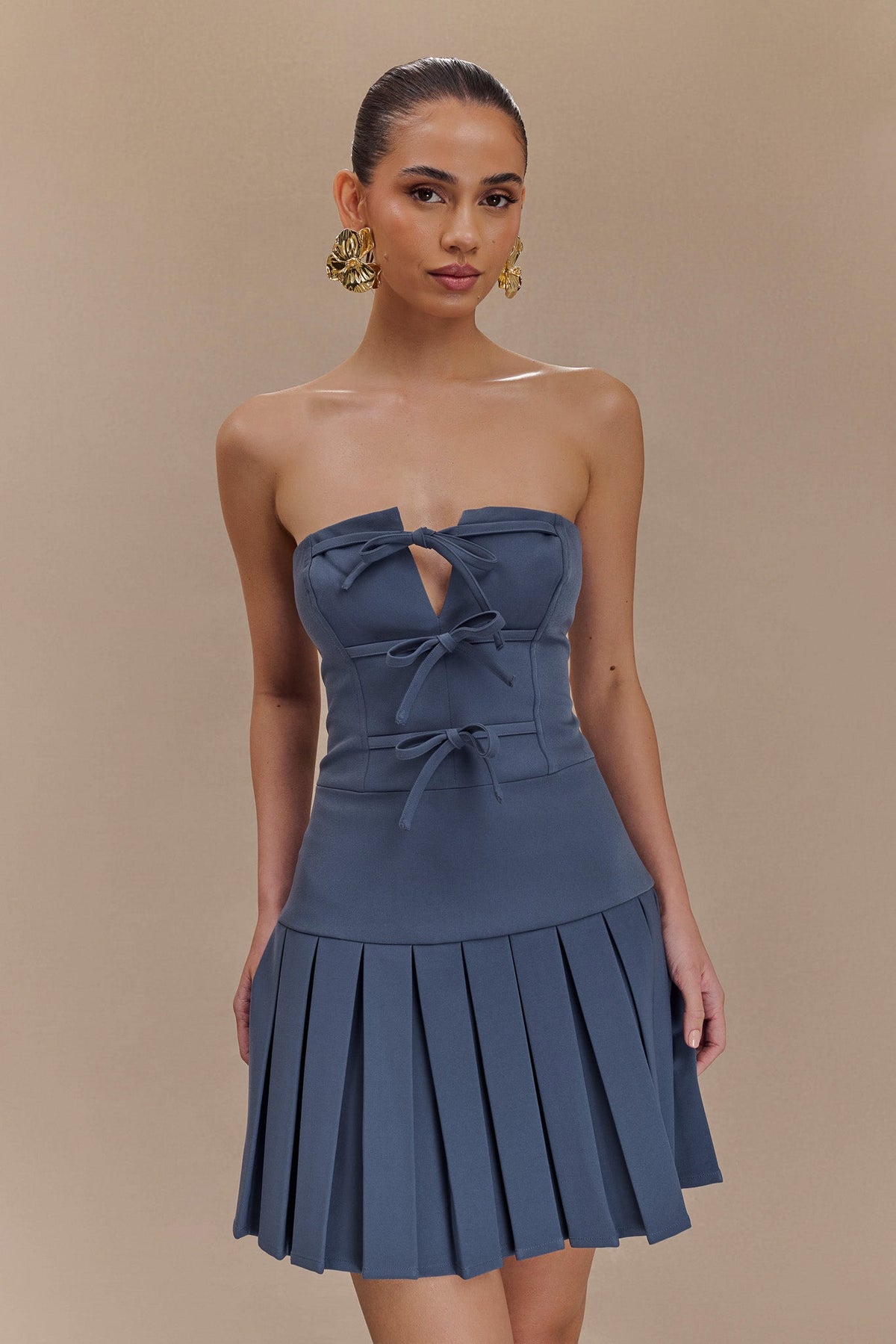 Naya Pleated Mini Dress With Ties - Steel #7