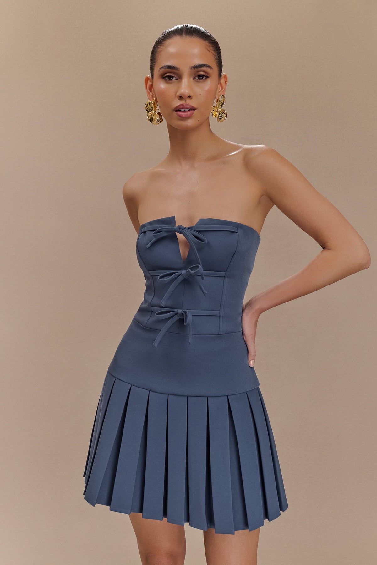 Naya Pleated Mini Dress With Ties - Steel #6