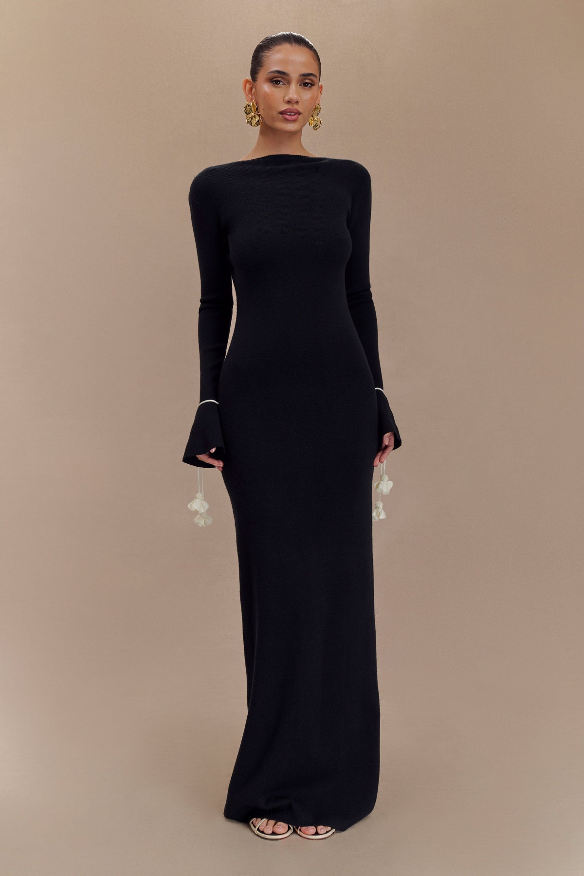 Erica Knit Maxi Dress With Floral Ties - Black And White #4