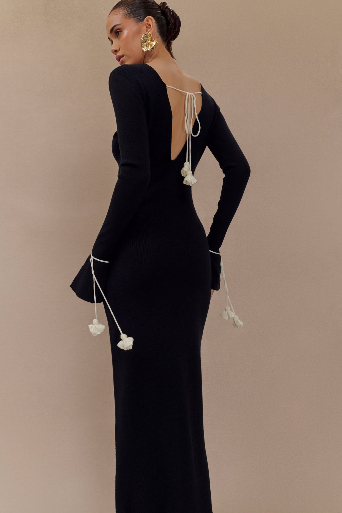 Erica Knit Maxi Dress With Floral Ties - Black And White #6