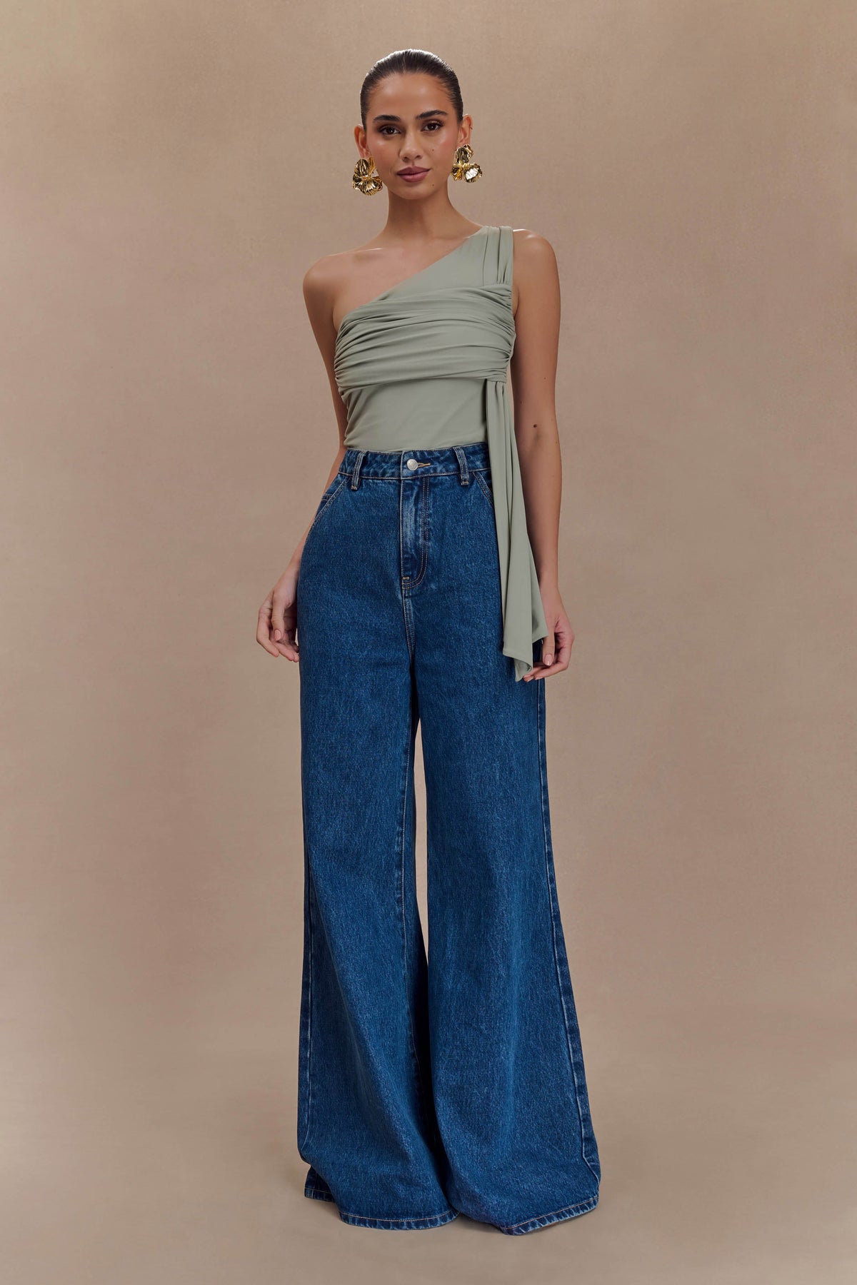 Sera One Shoulder Recycled Nylon Top With Drape - Basil #7