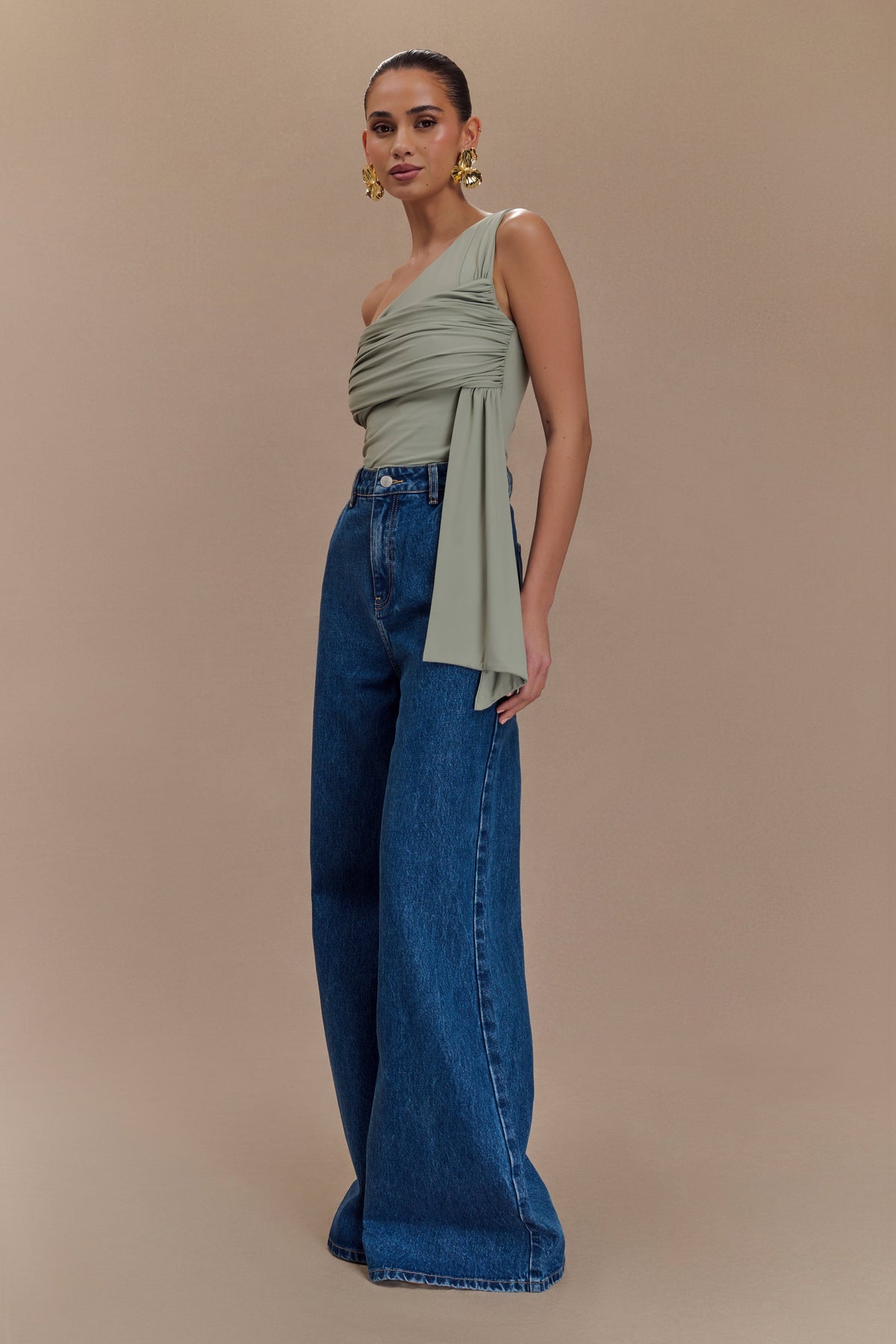 Sera One Shoulder Recycled Nylon Top With Drape - Basil #4