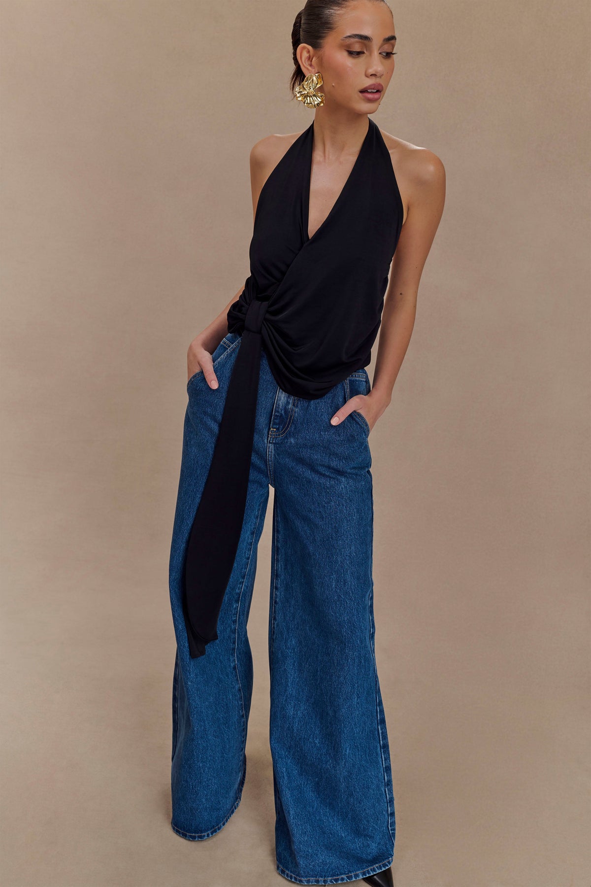 Tyla Draped Slinky Halter Top - Black #6