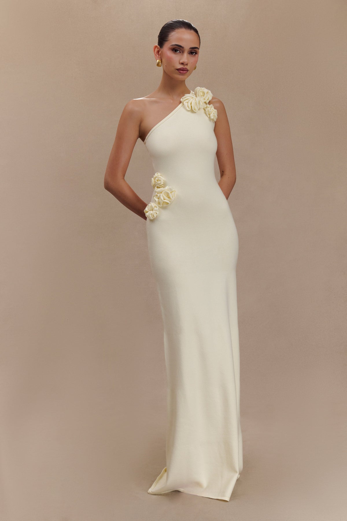 Paloma One Shoulder Knit Maxi Dress With Flowers - Ivory #5