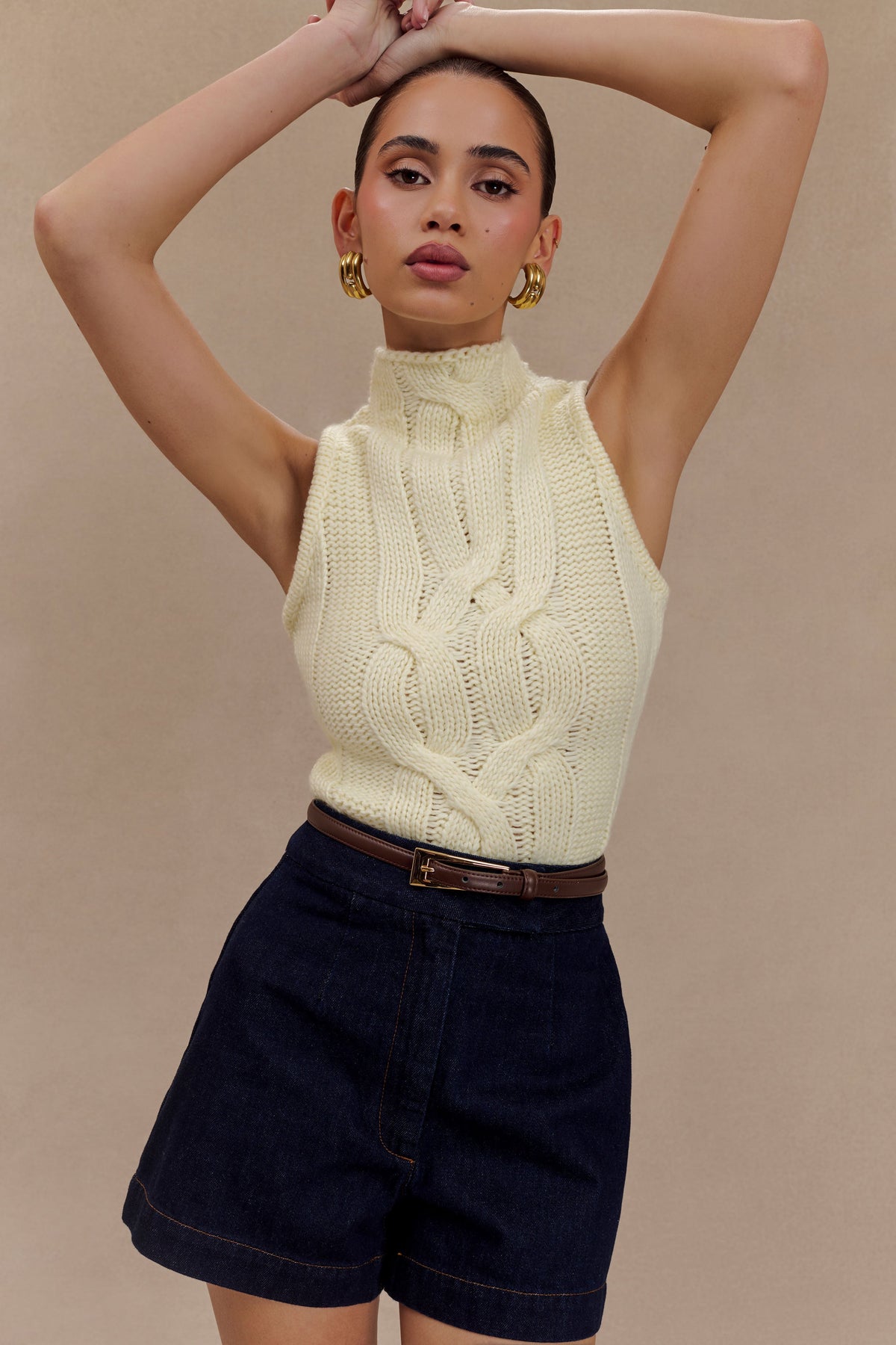 Roberta High Neck Cable Knit Top - Ivory #7