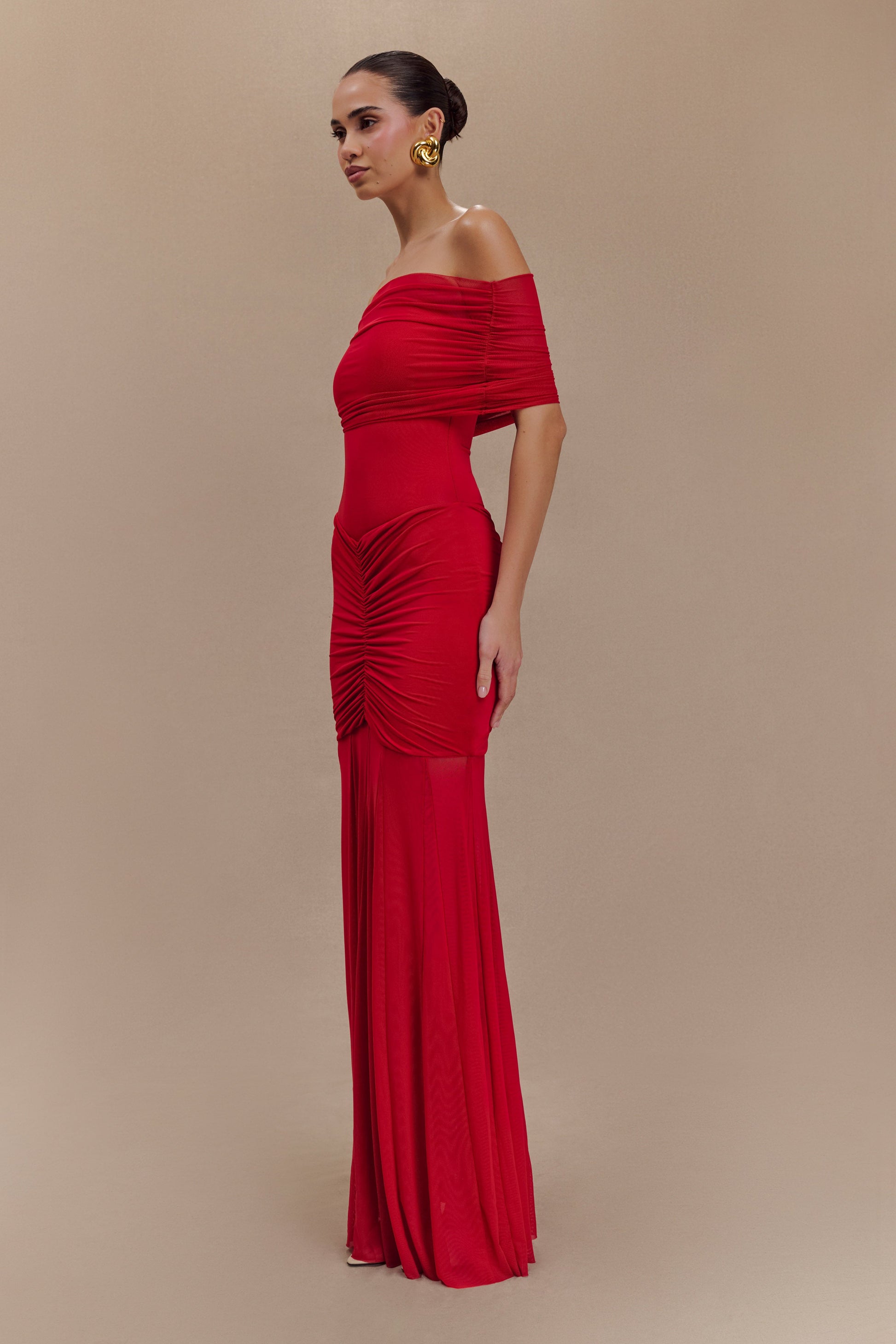 Caspian Slinky And Mesh Off Shoulder Maxi Dress - Ruby #3