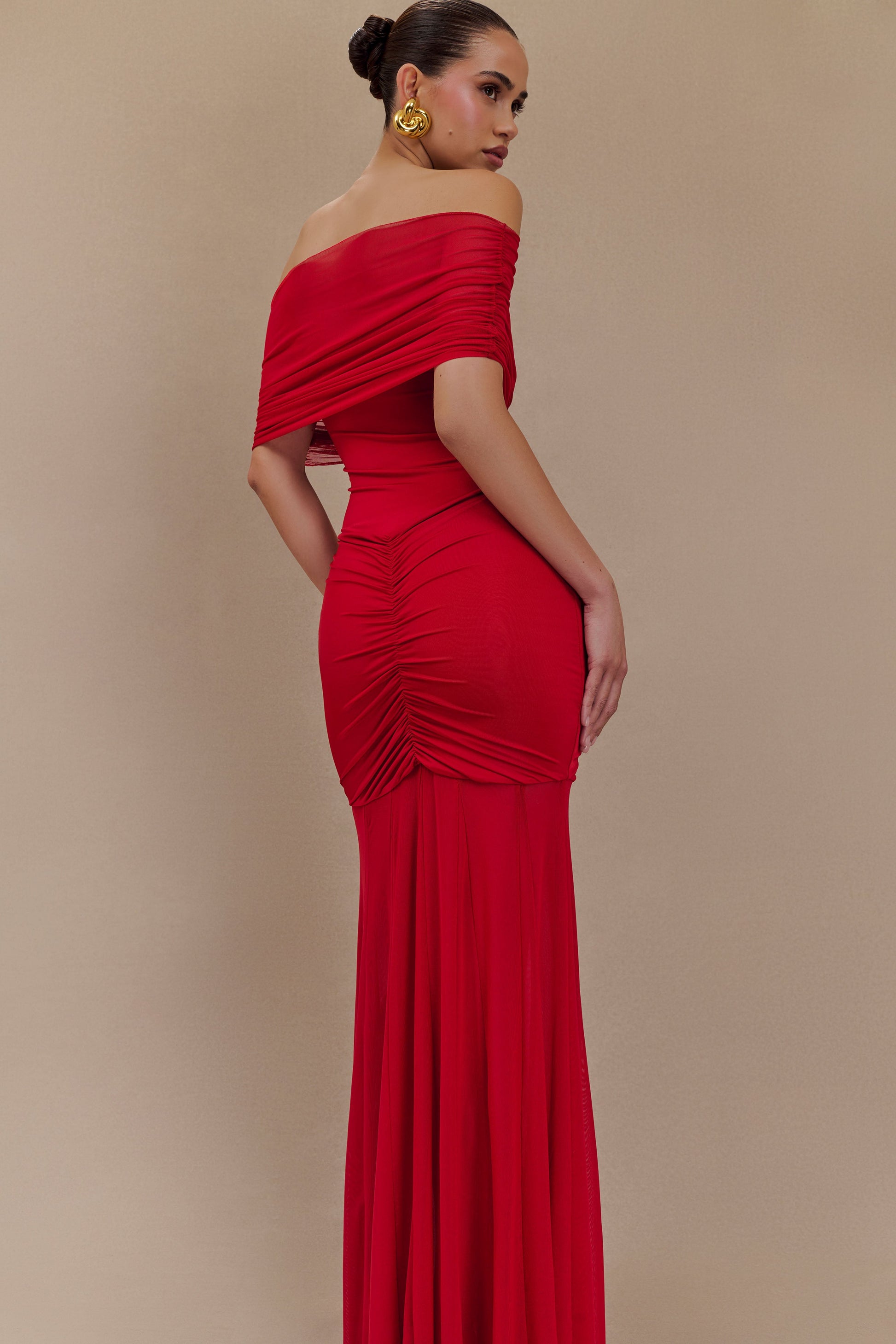 Caspian Slinky And Mesh Off Shoulder Maxi Dress - Ruby #5