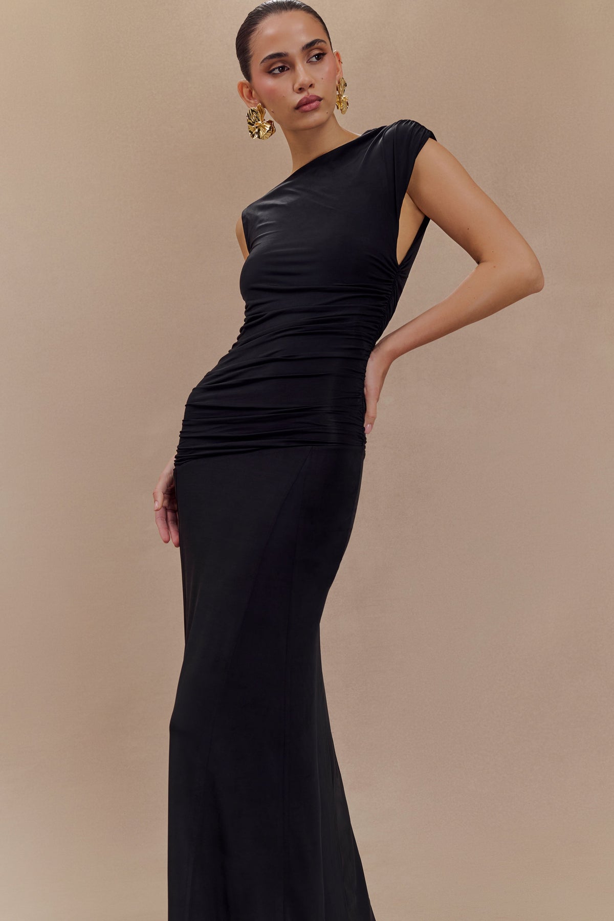 Navanna Asymmetric Slinky Midi Dress - Black #4