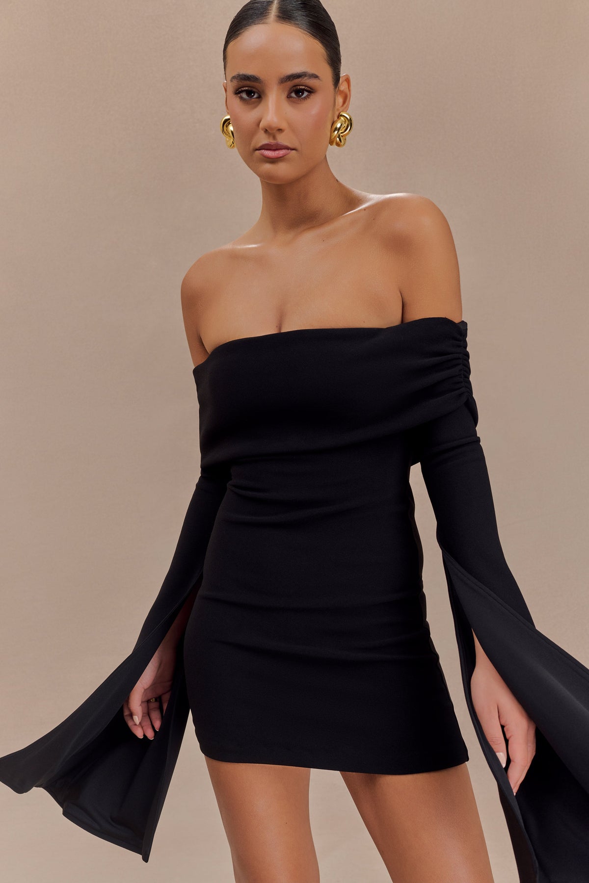 Dominique Off Shoulder Long Sleeve Mini Dress - Black #3