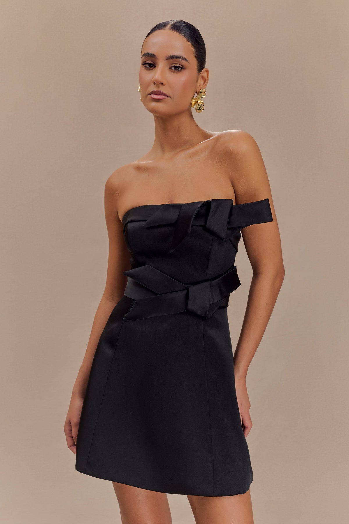 Tatiana Satin Strapless Bow Mini Dress - Black #5