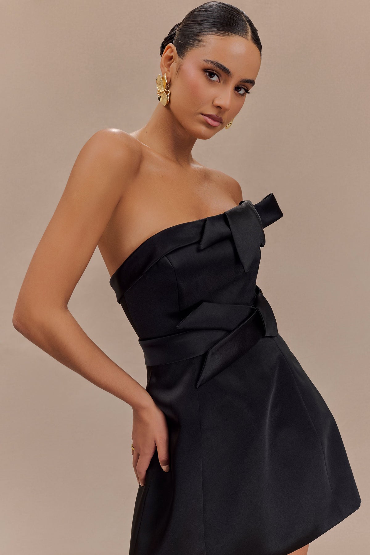 Tatiana Satin Strapless Bow Mini Dress - Black #7