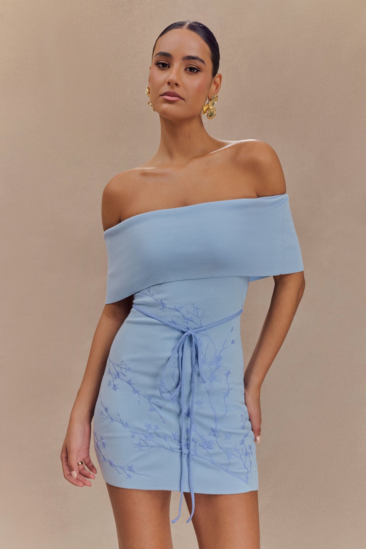 Mallory Off Shoulder Embroidered Knit Mini Dress - Ice Blue #7