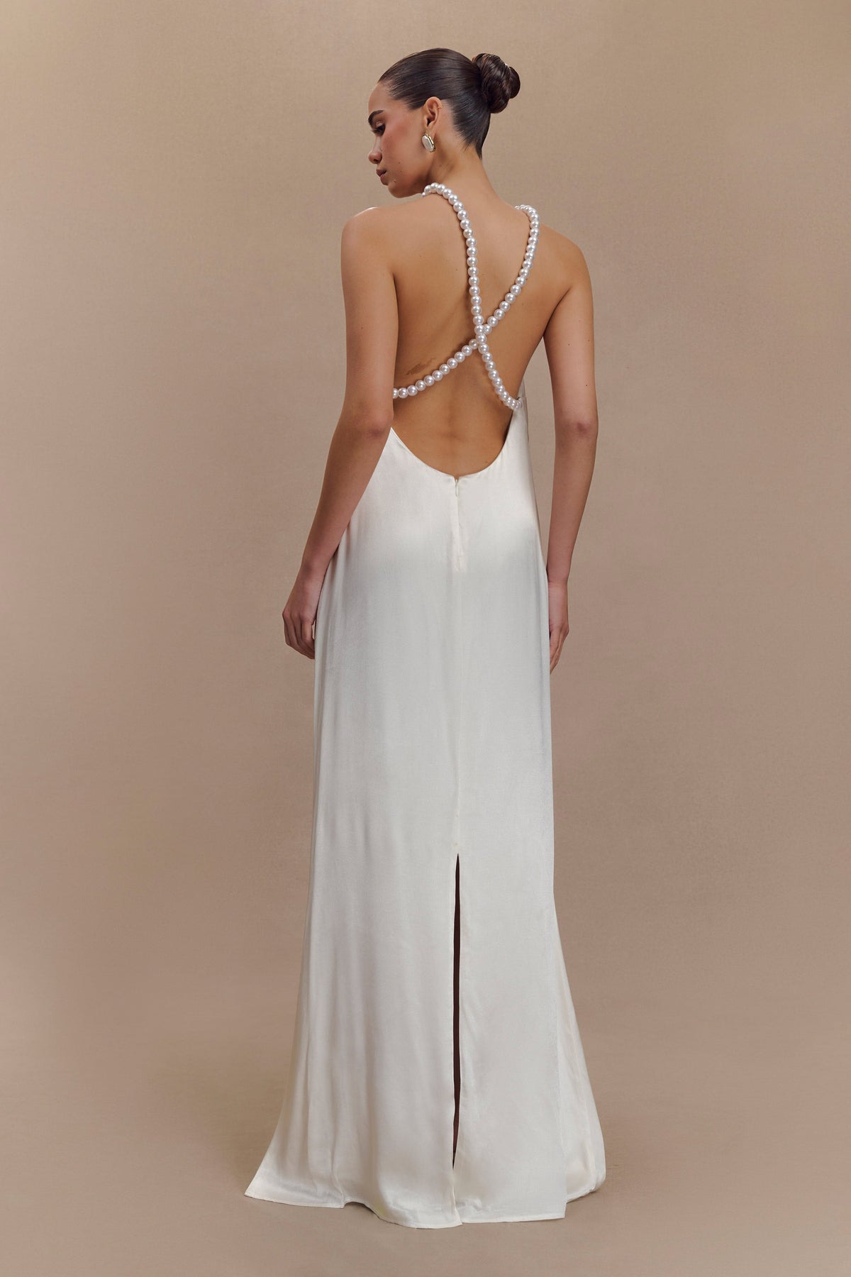 Blanche Satin Pearl Halter Maxi Dress - White #2