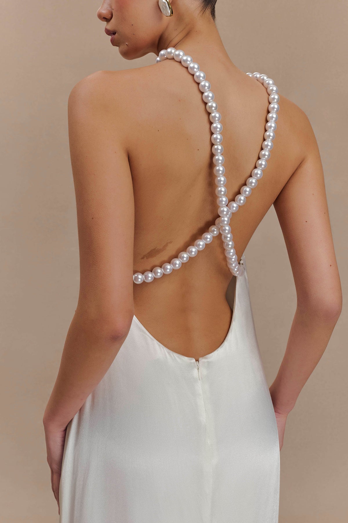 Blanche Satin Pearl Halter Maxi Dress - White #3