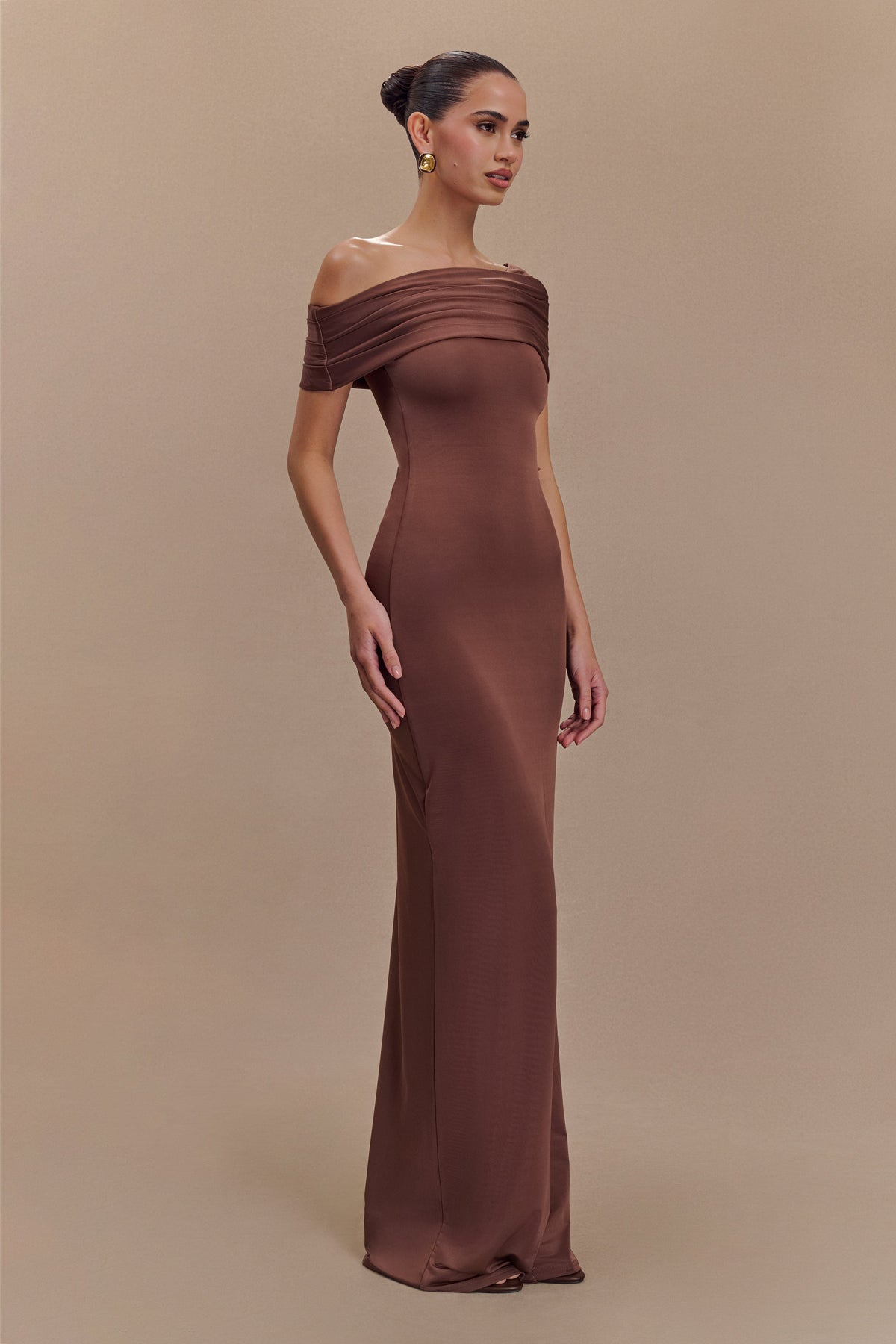 Cassandra Off Shoulder Slinky Maxi Dress - Chocolate #4