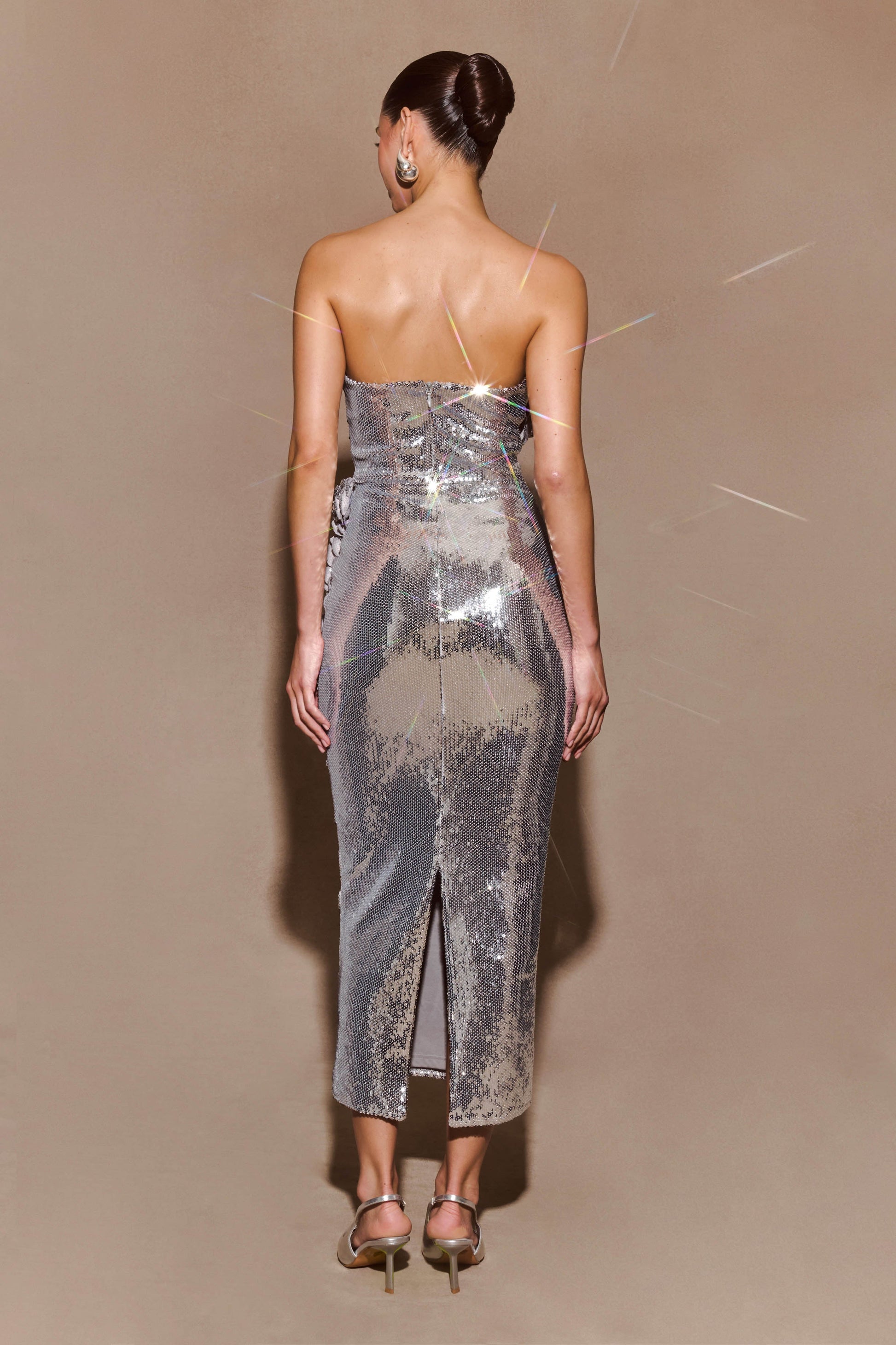 Cassia Strapless Sequin Rose Midi Dress - Silver #3