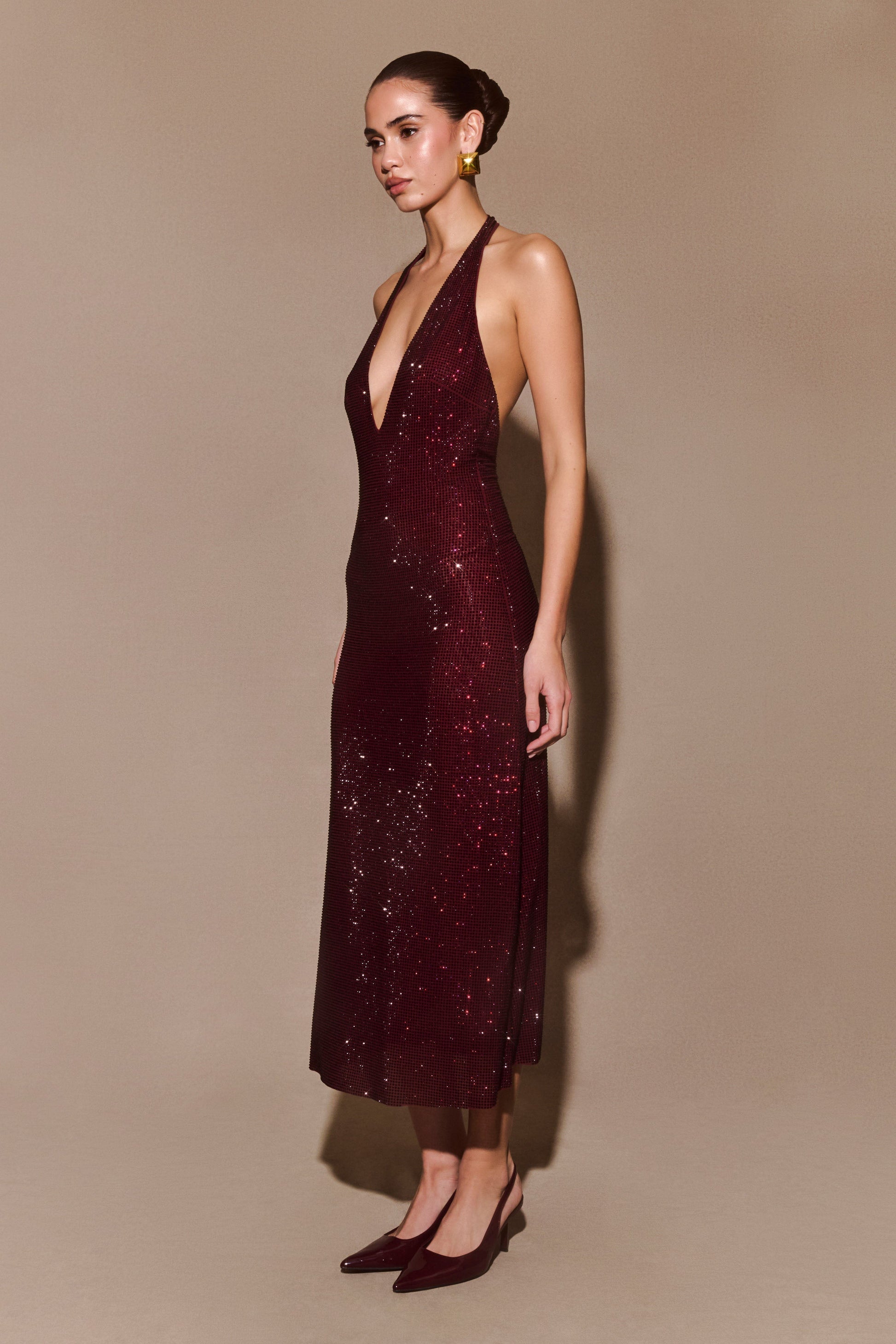 Genie Diamante Halter Midi Dress - Mahogany #4