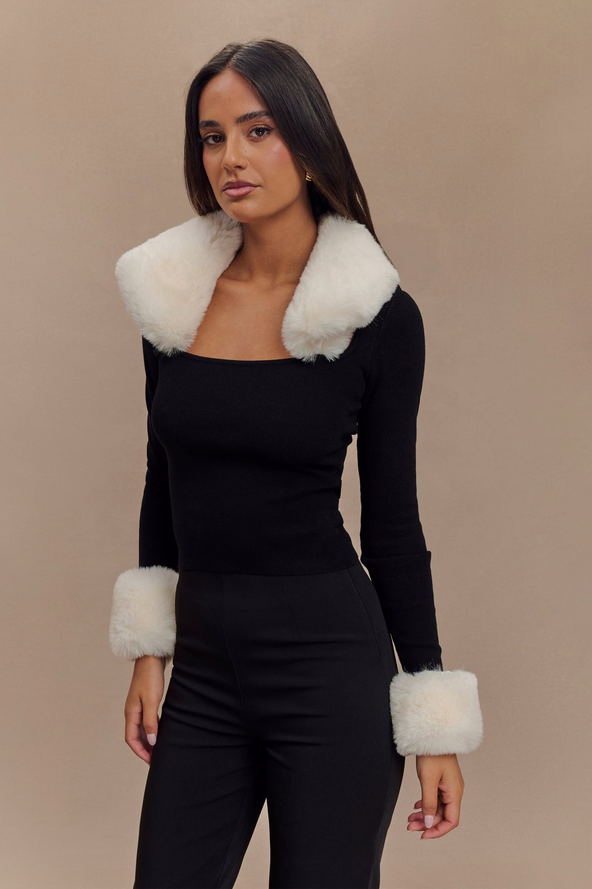 Cressida Faux Fur Knit Long Sleeve Top - Black/White #2