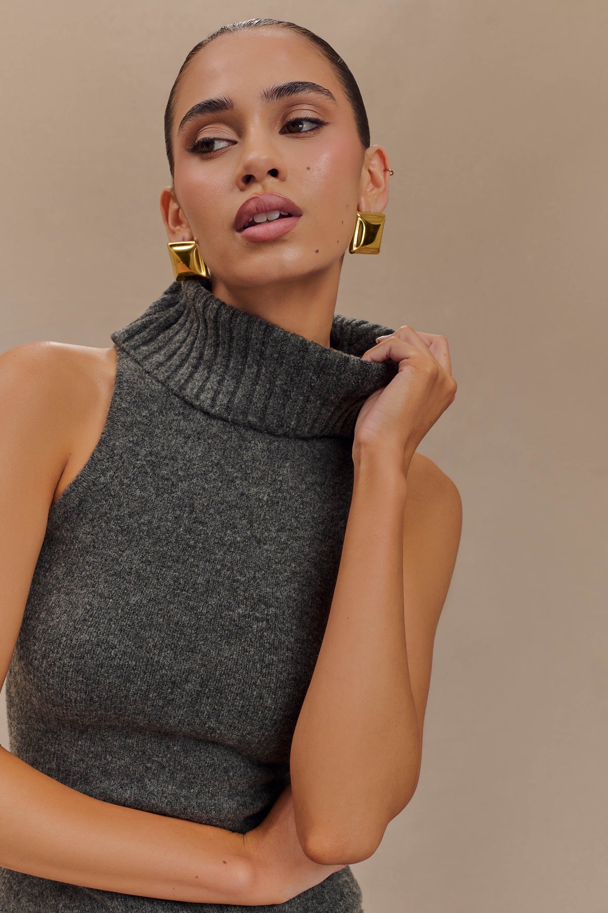 Elise Roll Neck Knit Top - Charcoal Marle #3