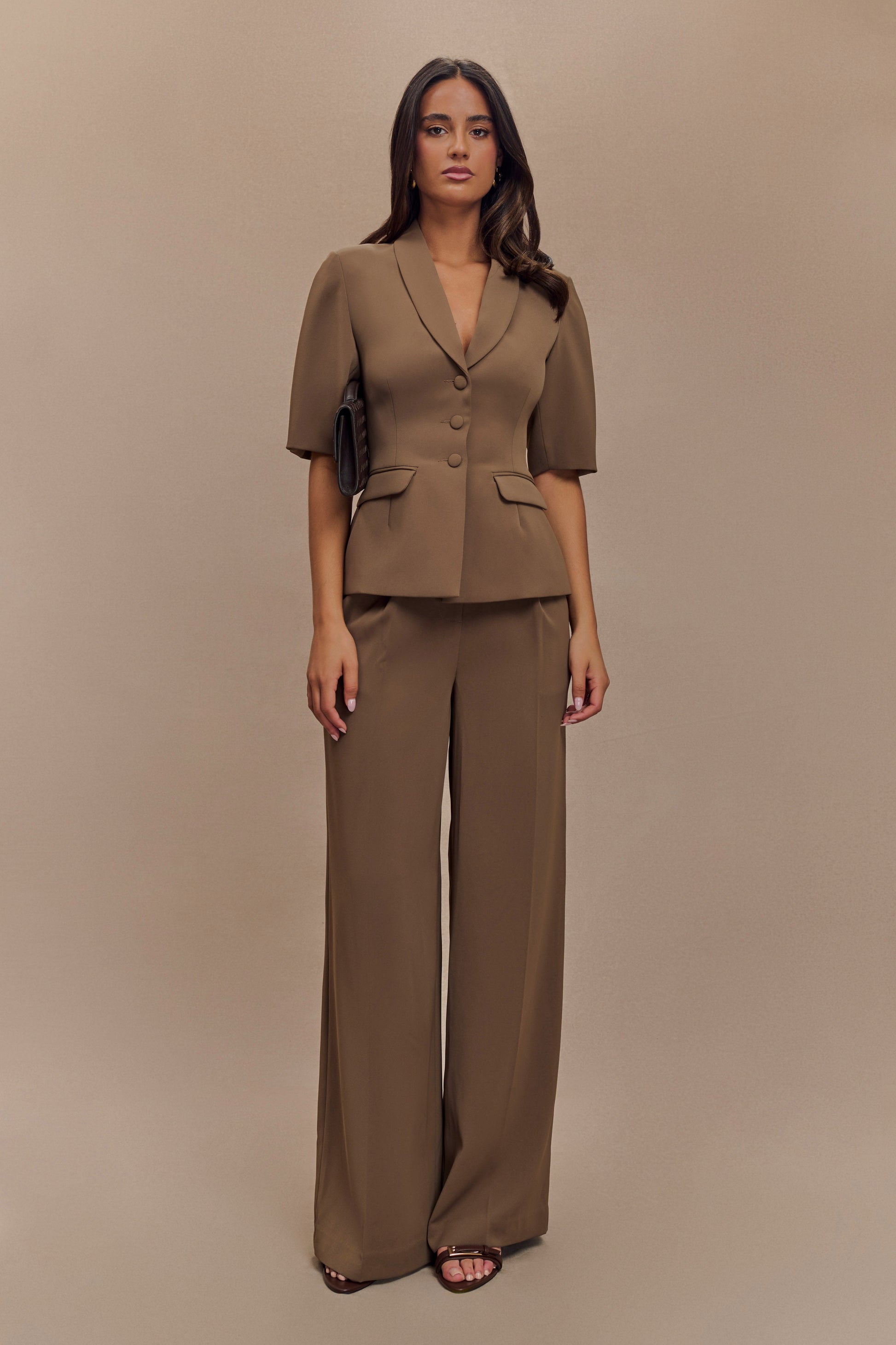 Opal Puff Sleeve Suiting Top - Cacao Brown #6