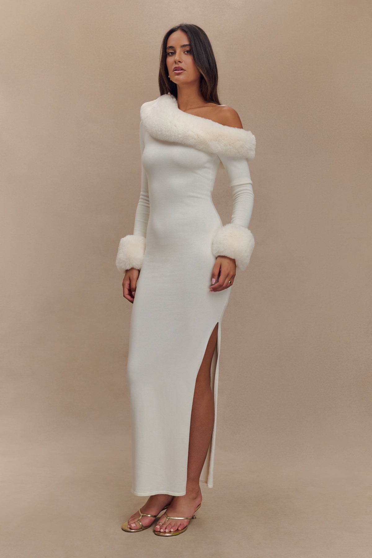 Karleigh Faux Fur Knit Maxi Dress - Ivory #5