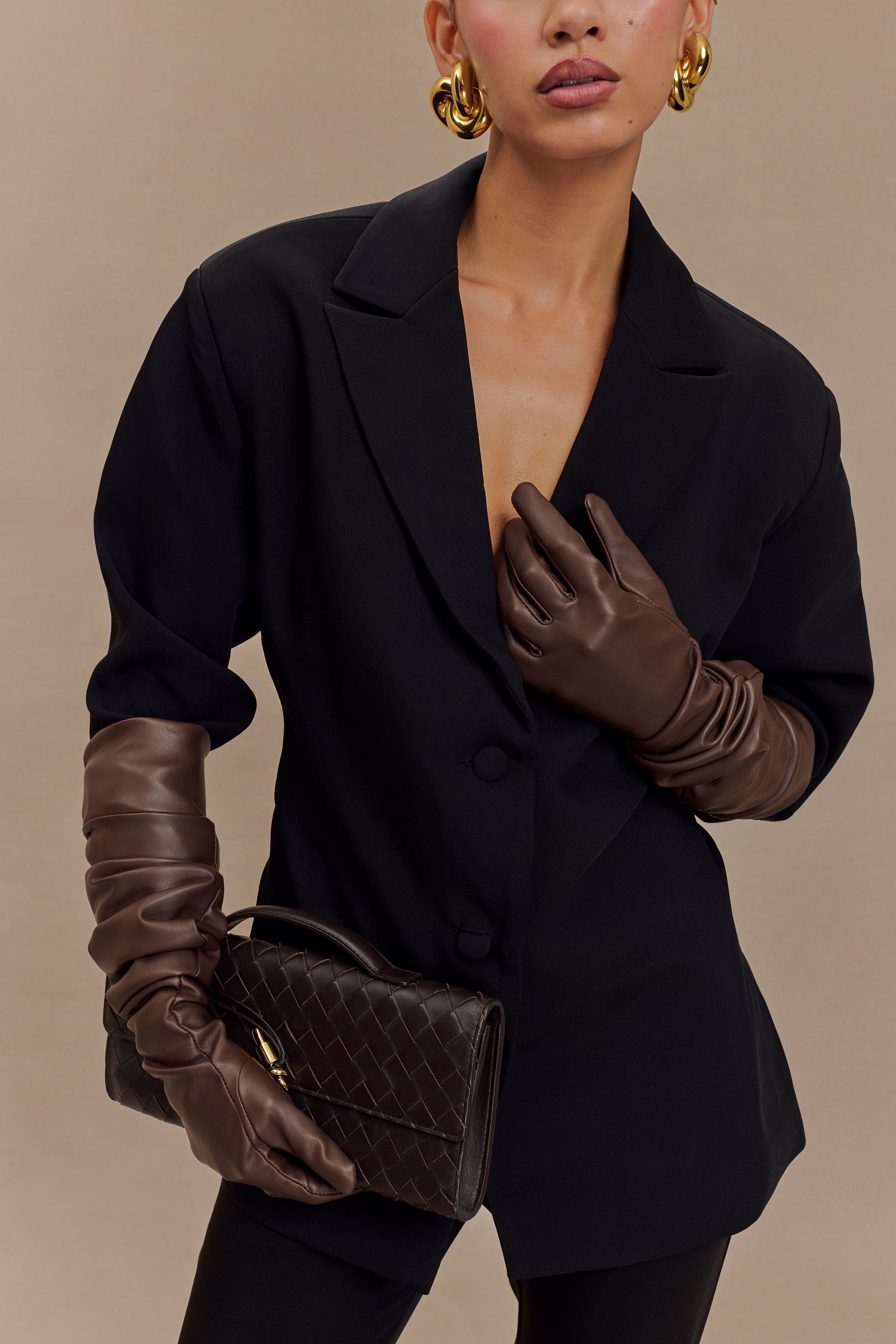 Jasper Faux Leather Elbow Length Gloves - Dark Chocolate #3