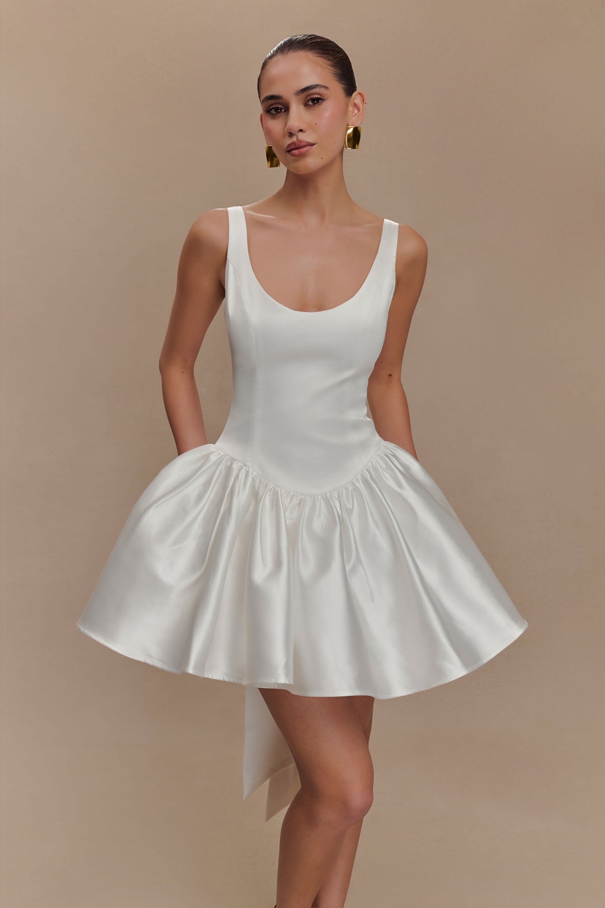 Felicia Satin Mini Dress With Bow - White #6