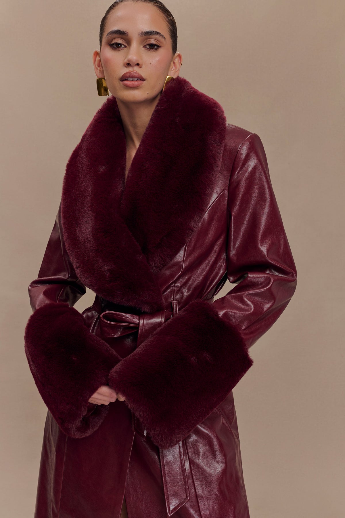 Bec Faux Leather Trench Coat With Faux Fur - Cherry Red #3
