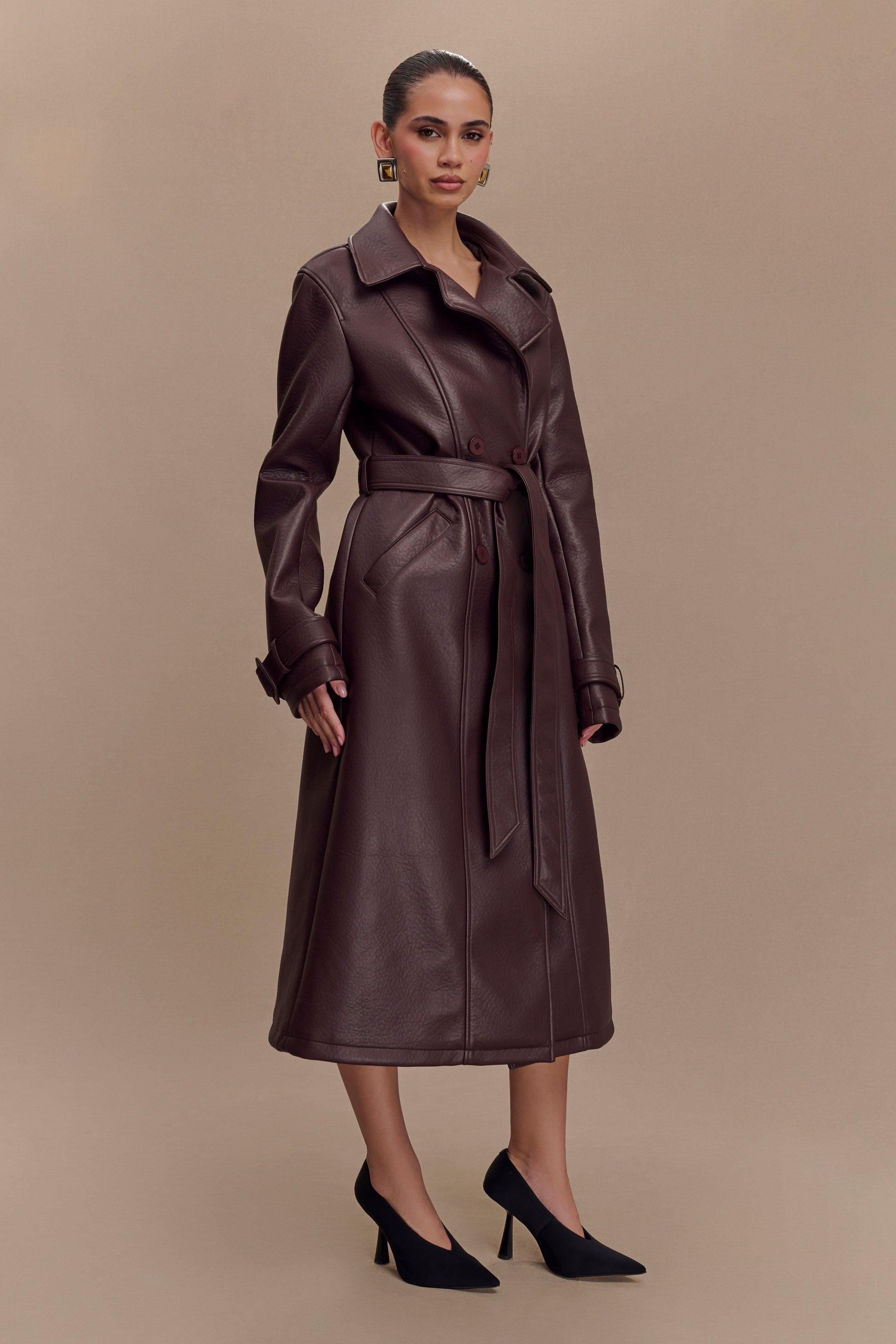 Tarah Faux Leather Trench Coat - Cacao Brown #5