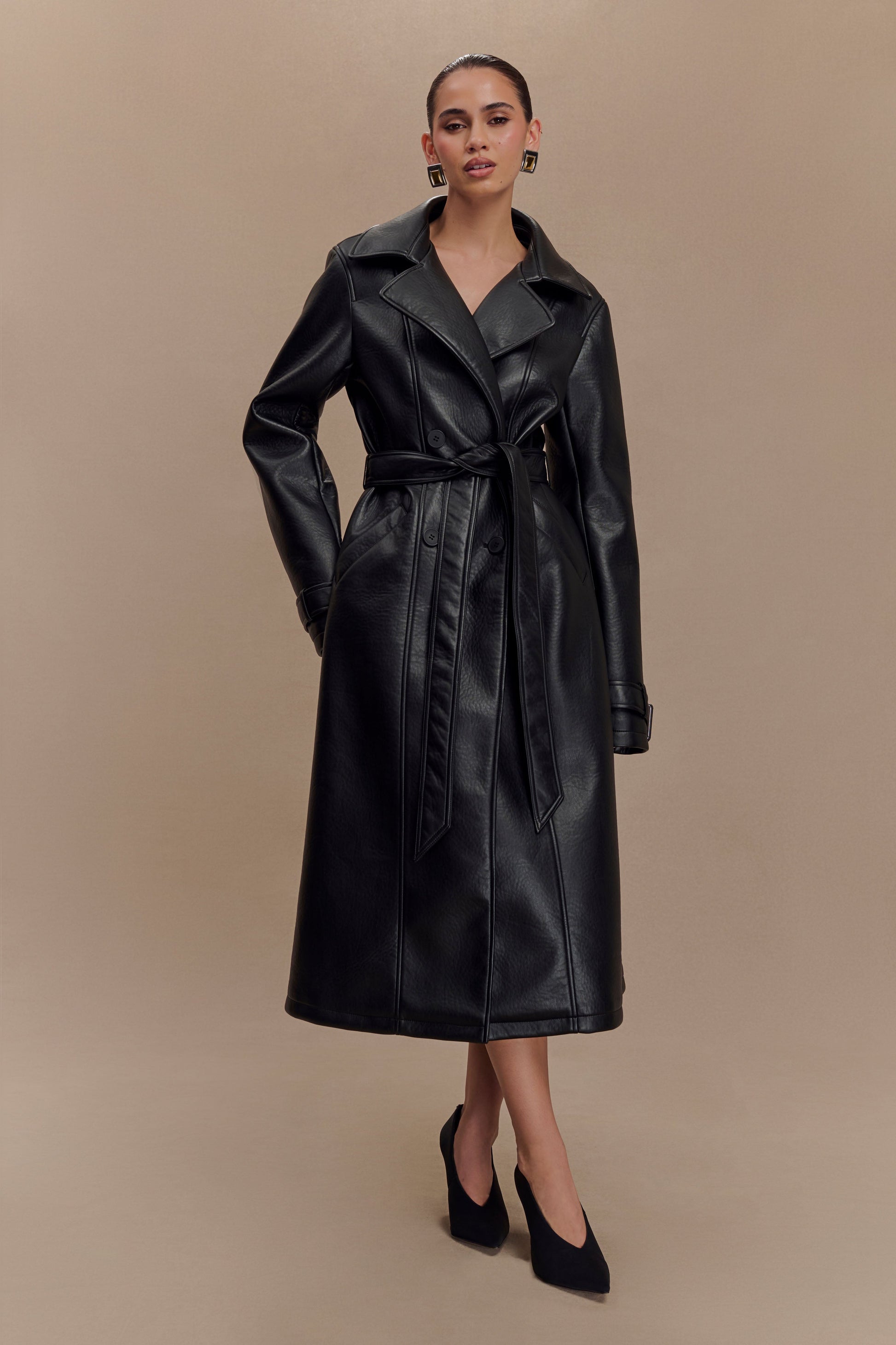 Tarah Faux Leather Trench Coat - Black #4