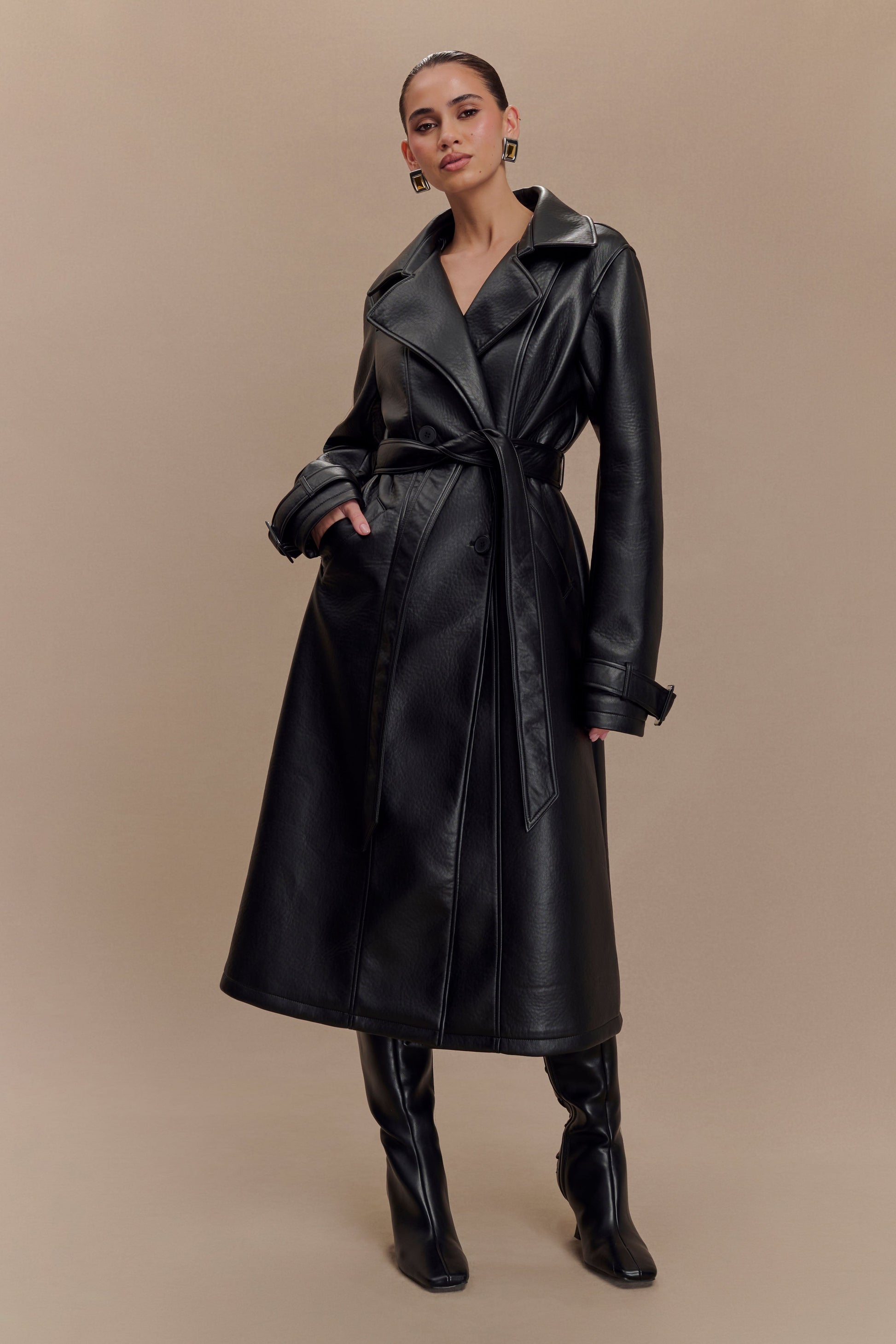 Tarah Faux Leather Trench Coat - Black #8
