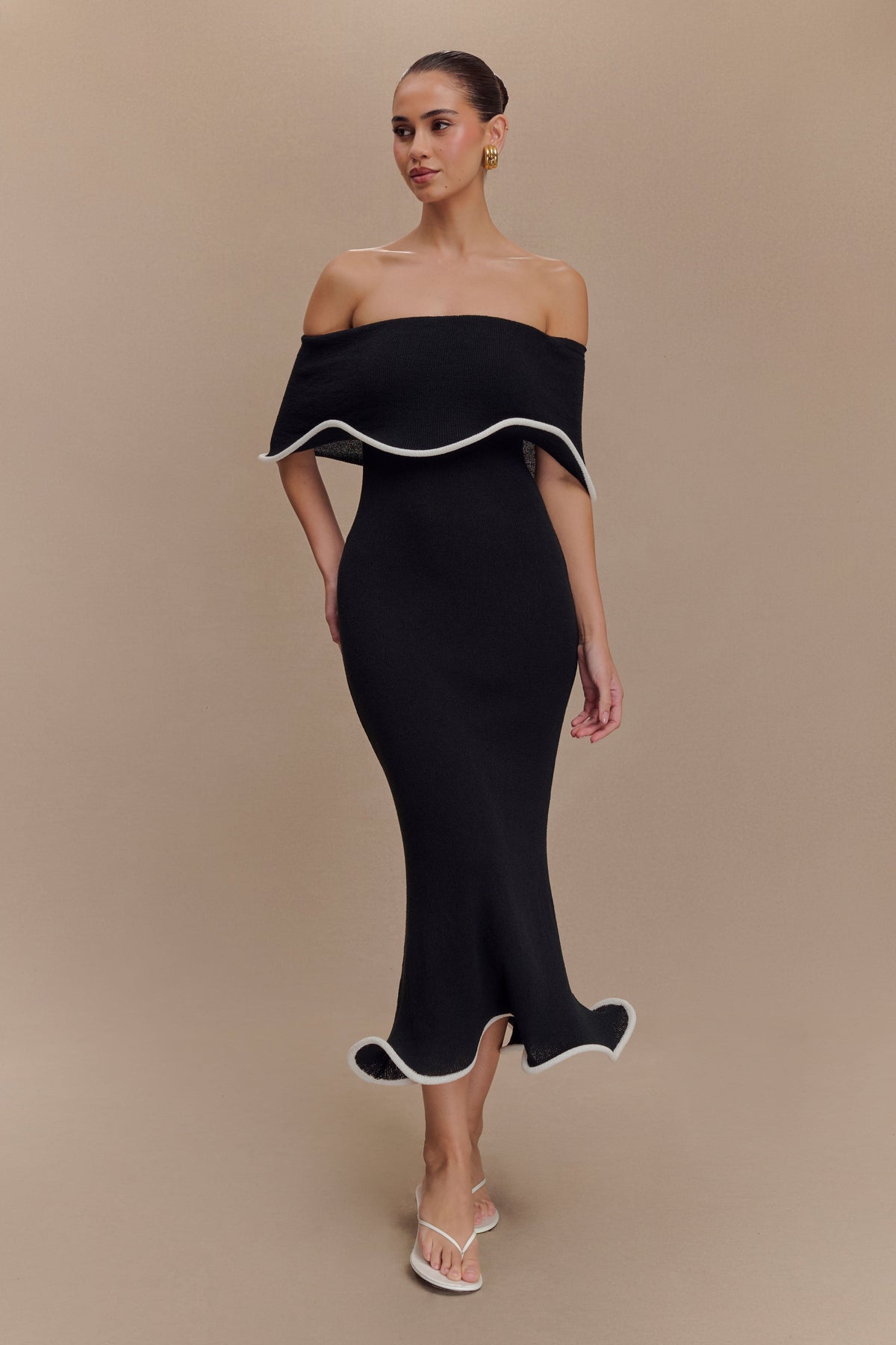Molly Off Shoulder Knit Midi Dress - Black/White #4