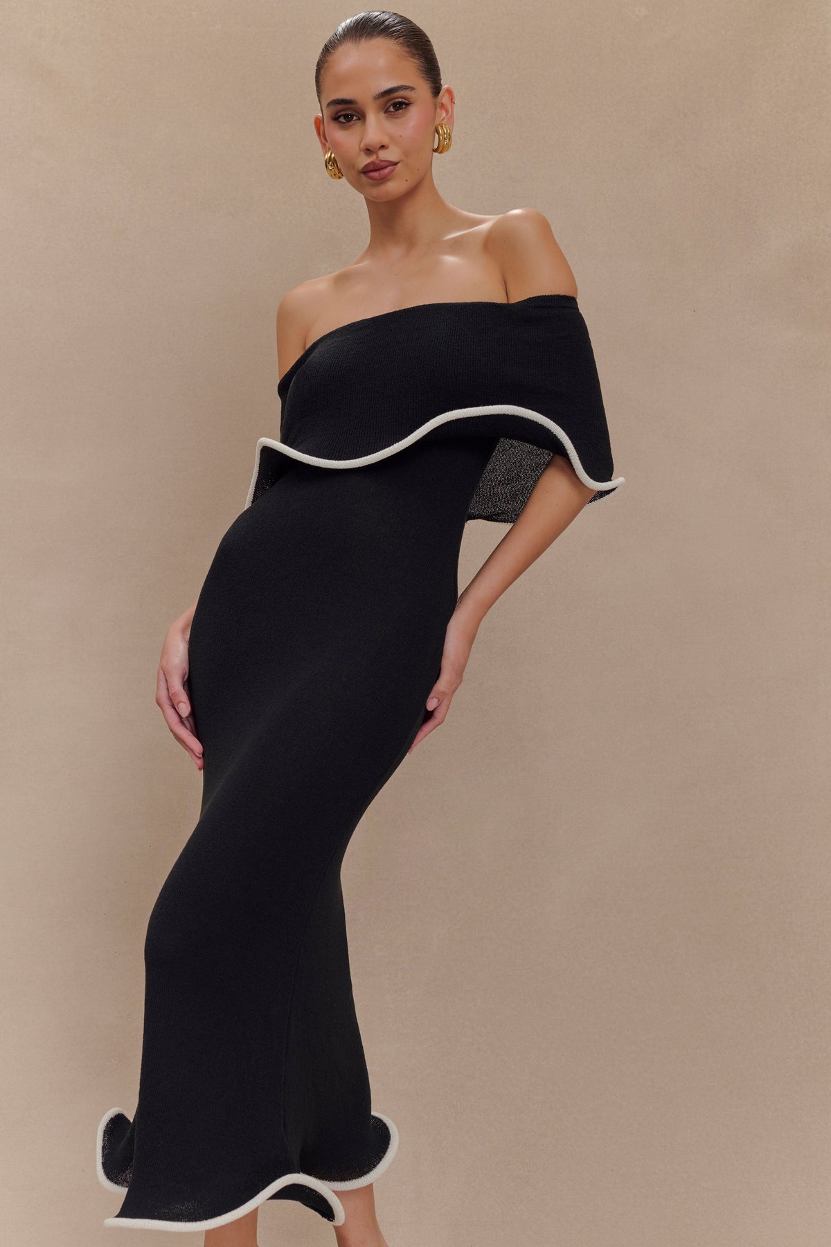 Molly Off Shoulder Knit Midi Dress - Black/White #5