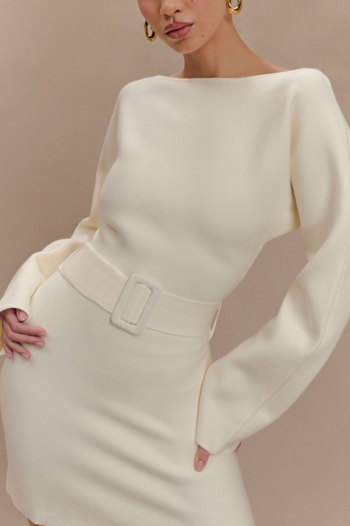 Kassie Belt Tie Knit Mini Dress - Ivory #3